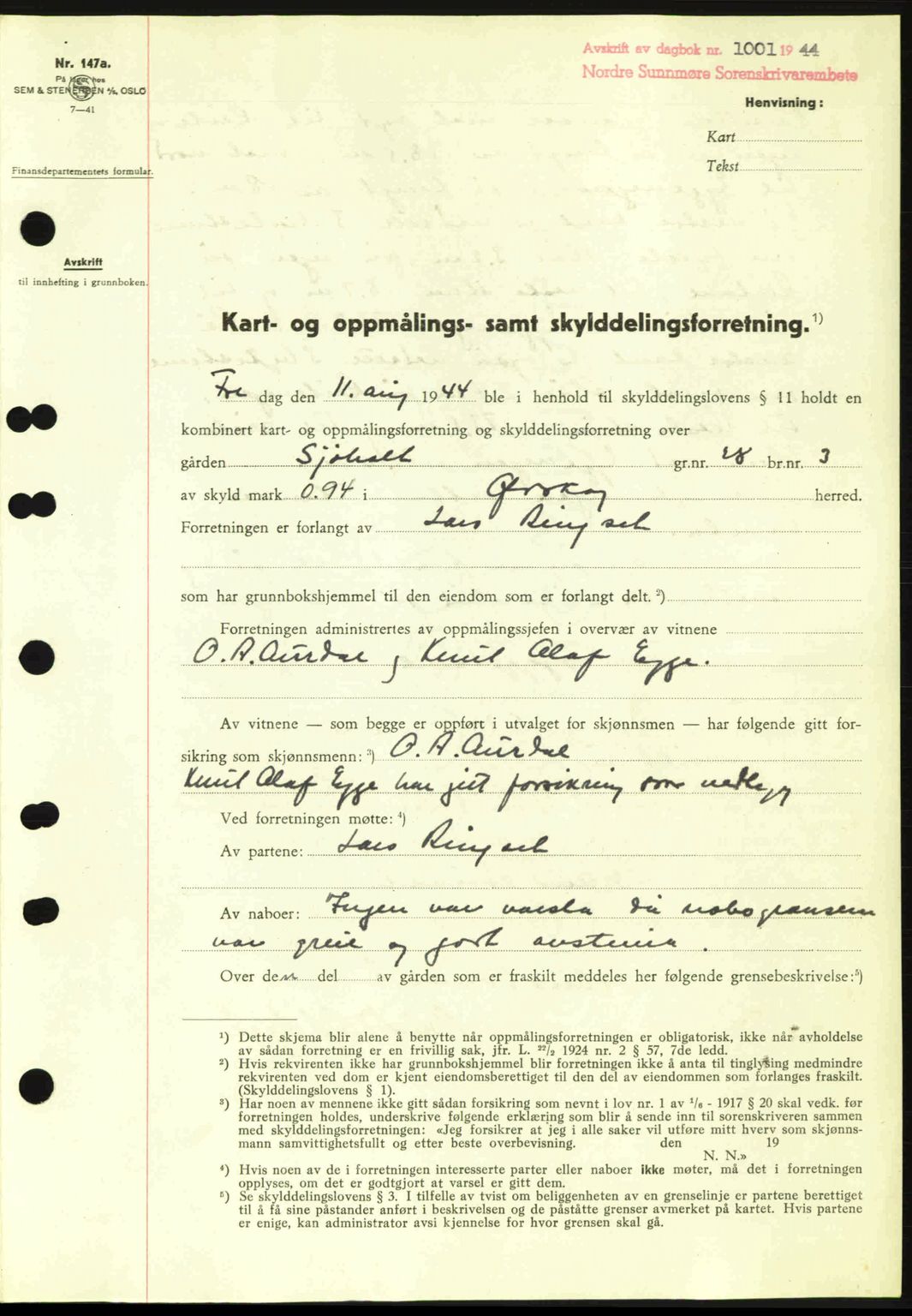 Nordre Sunnmøre sorenskriveri, SAT/A-0006/1/2/2C/2Ca: Pantebok nr. A18, 1944-1944, Dagboknr: 1001/1944