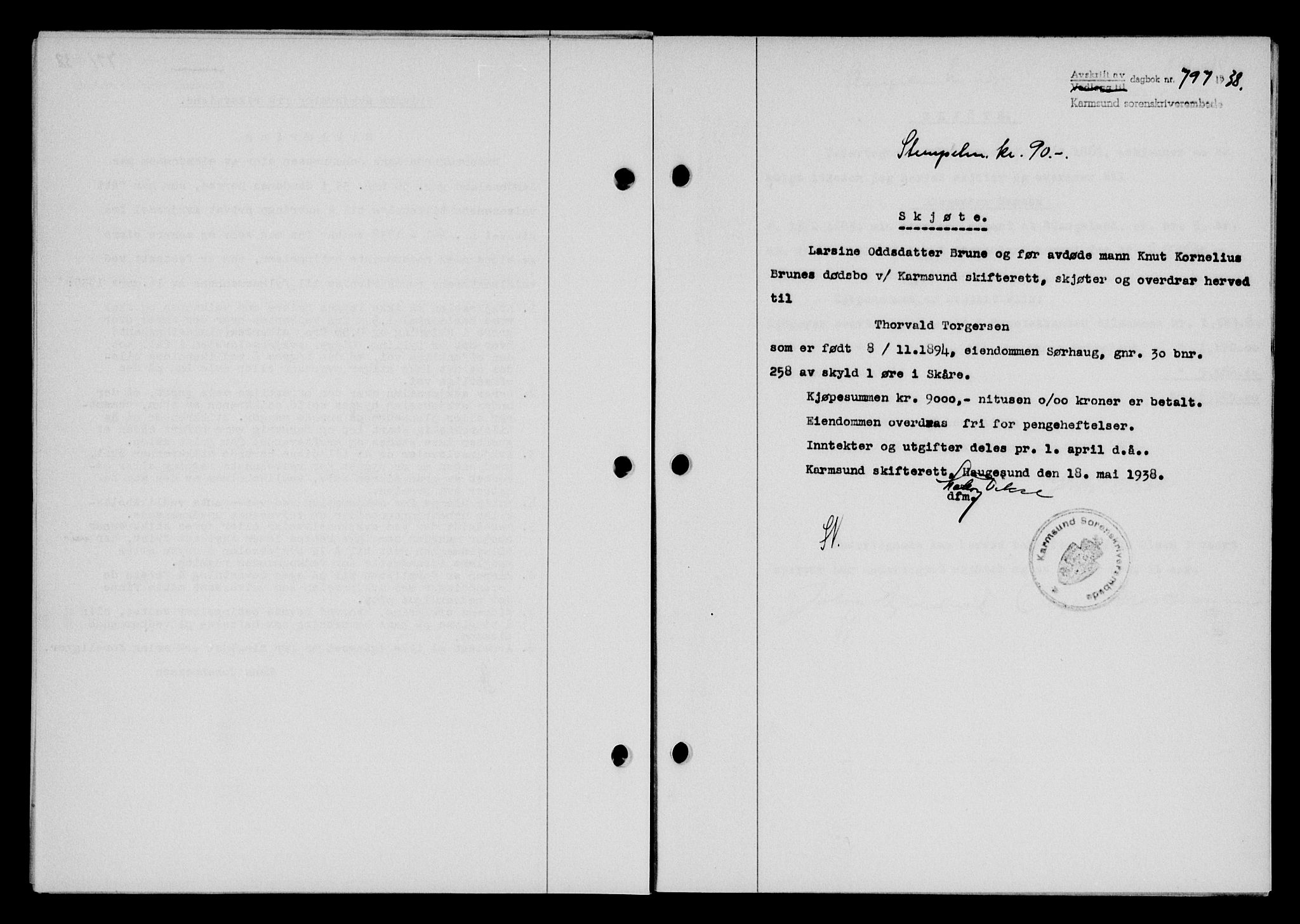 Karmsund sorenskriveri, SAST/A-100311/01/II/IIB/L0069: Pantebok nr. 50A, 1937-1938, Dagboknr: 797/1938