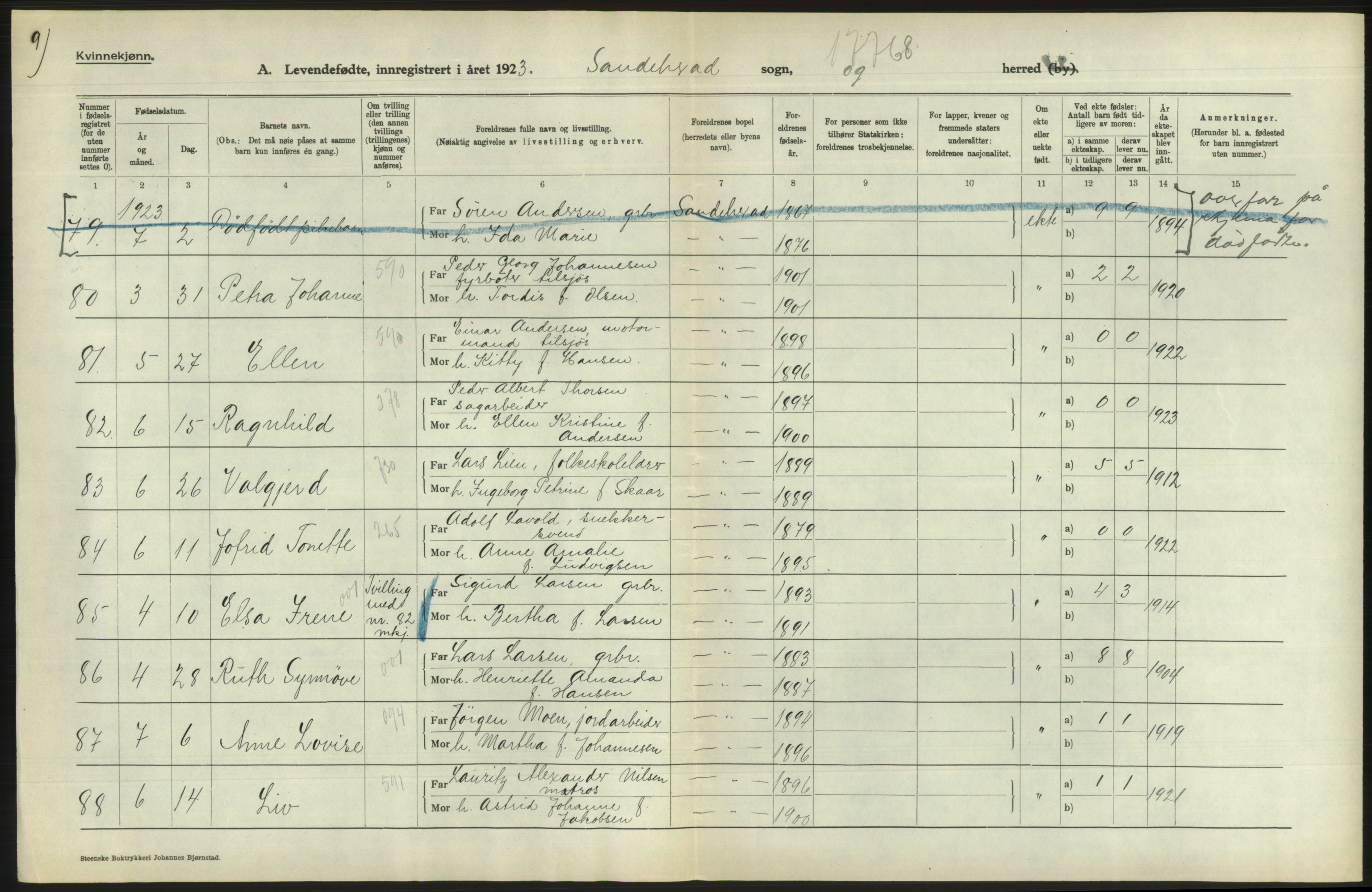 Statistisk sentralbyrå, Sosiodemografiske emner, Befolkning, RA/S-2228/D/Df/Dfc/Dfcc/L0017: Vestfold fylke: Levendefødte menn og kvinner. Bygder og byer., 1923, s. 460