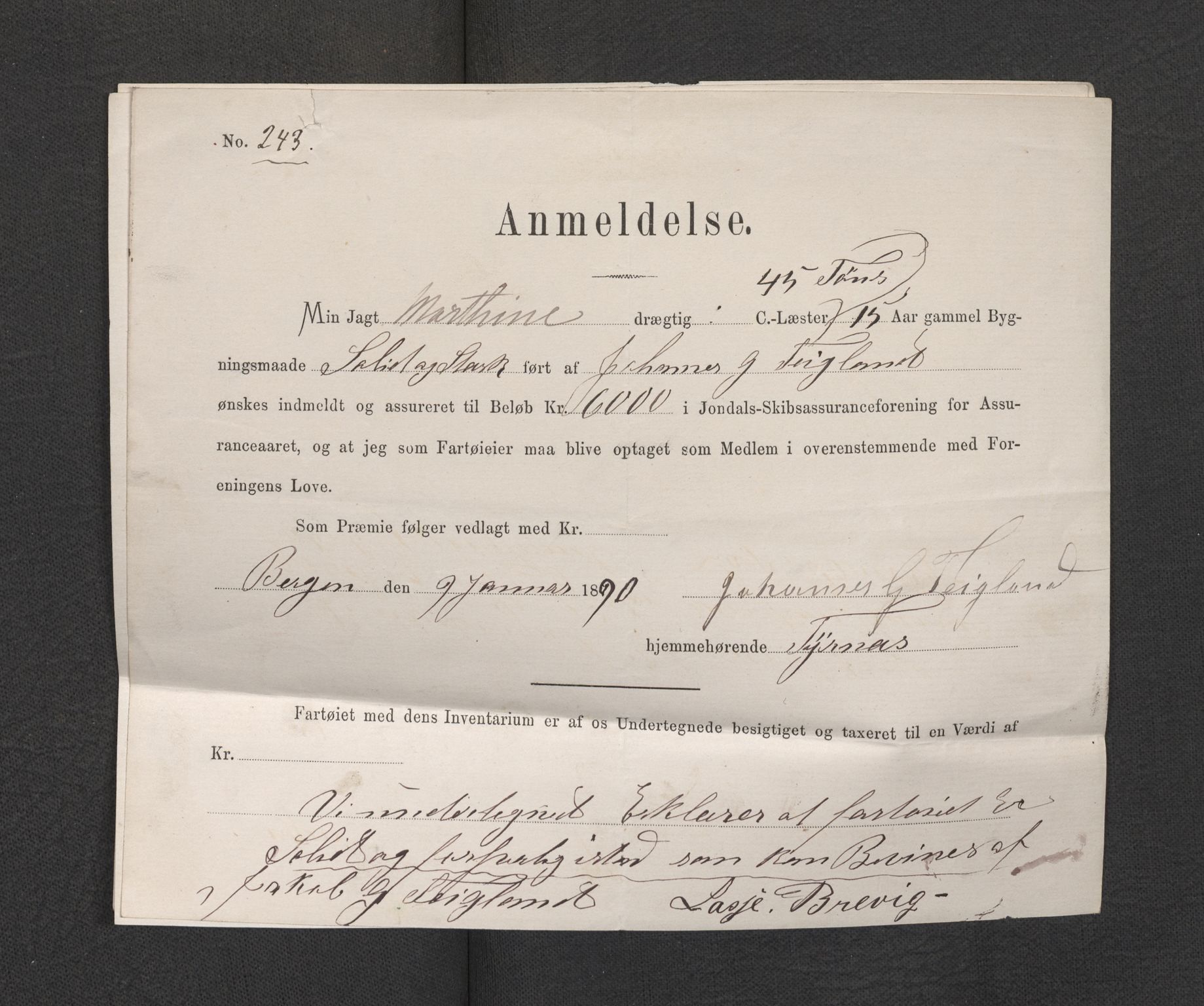 Jondal Skipsassuranseforening, SAB/SAB/PA-0276/E/L0073: Korrespondanse , 1890