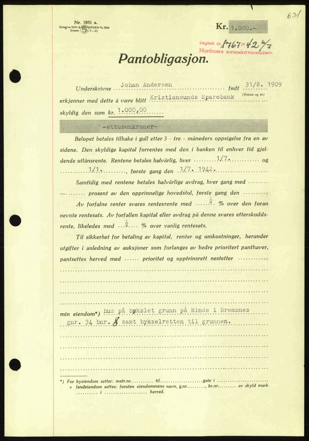 Nordmøre sorenskriveri, AV/SAT-A-4132/1/2/2Ca: Pantebok nr. B89, 1942-1942, Dagboknr: 1767/1942