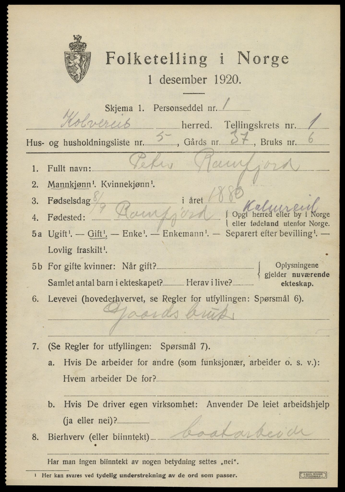 SAT, Folketelling 1920 for 1752 Kolvereid herred, 1920, s. 1543