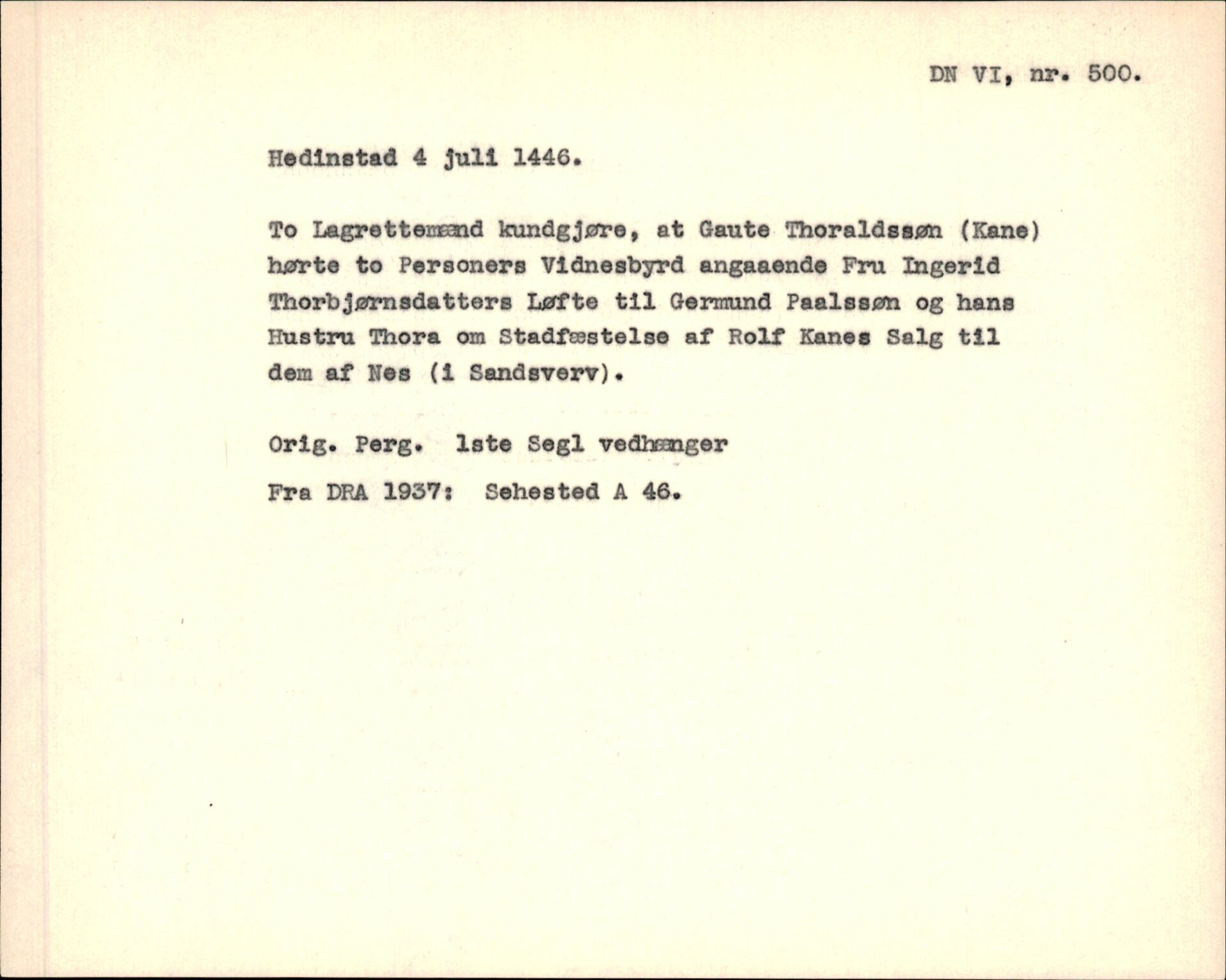 Riksarkivets diplomsamling, AV/RA-EA-5965/F35/F35f/L0001: Regestsedler: Diplomer fra DRA 1937 og 1996, s. 317