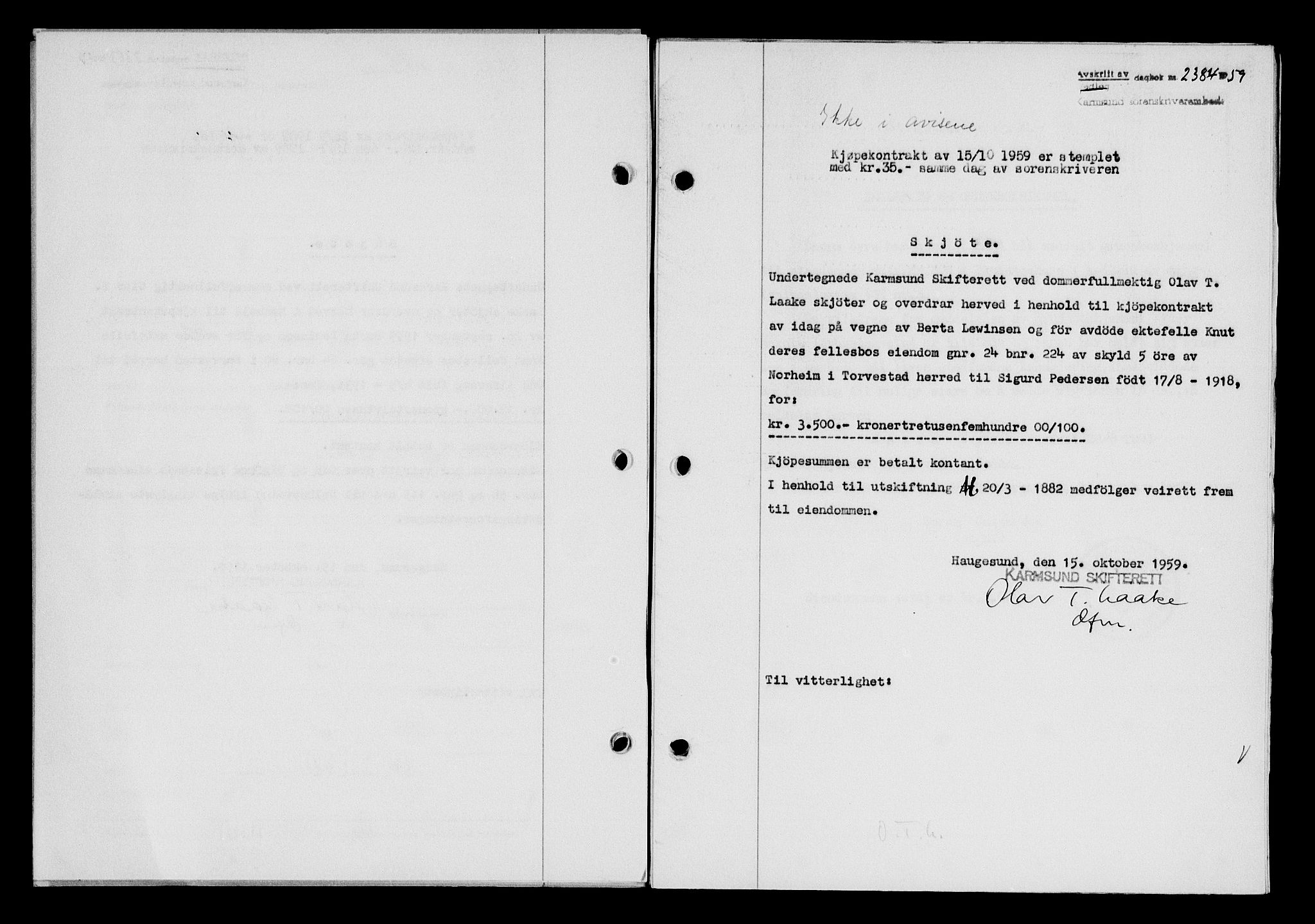 Karmsund sorenskriveri, SAST/A-100311/01/II/IIB/L0132: Pantebok nr. 112A, 1959-1959, Dagboknr: 2384/1959