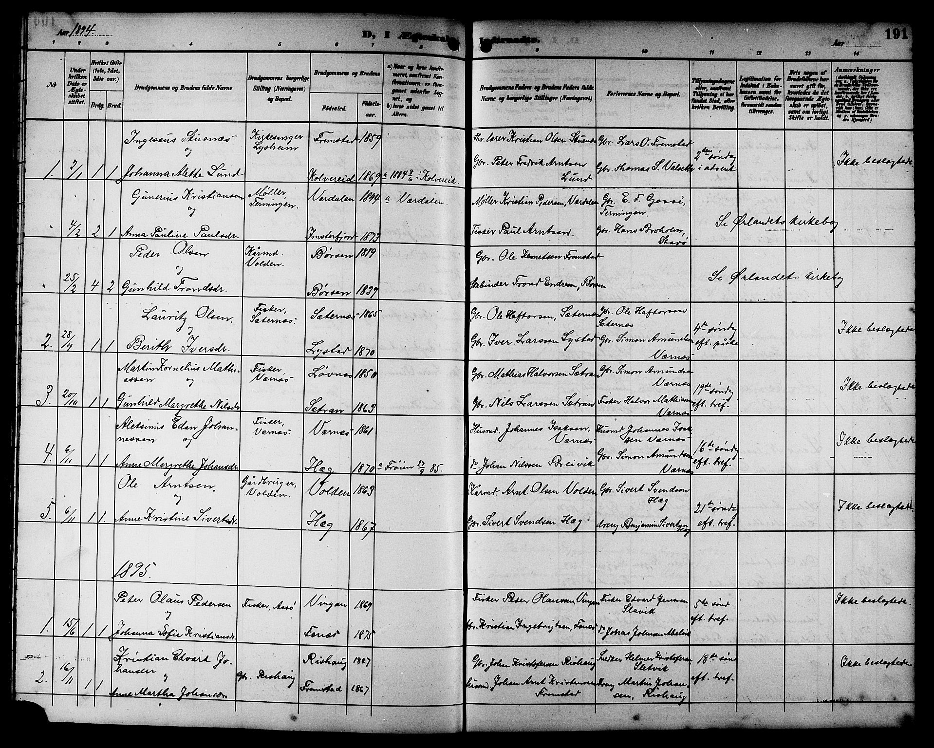 Ministerialprotokoller, klokkerbøker og fødselsregistre - Sør-Trøndelag, AV/SAT-A-1456/662/L0757: Klokkerbok nr. 662C02, 1892-1918, s. 191