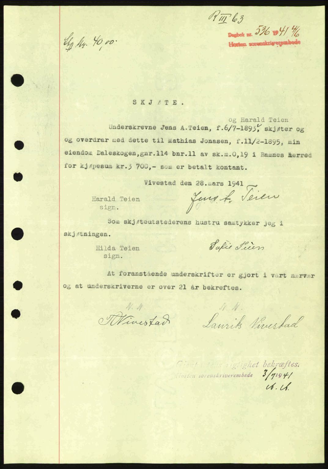 Horten sorenskriveri, SAKO/A-133/G/Ga/Gaa/L0004: Pantebok nr. A-4, 1940-1942, Dagboknr: 536/1941