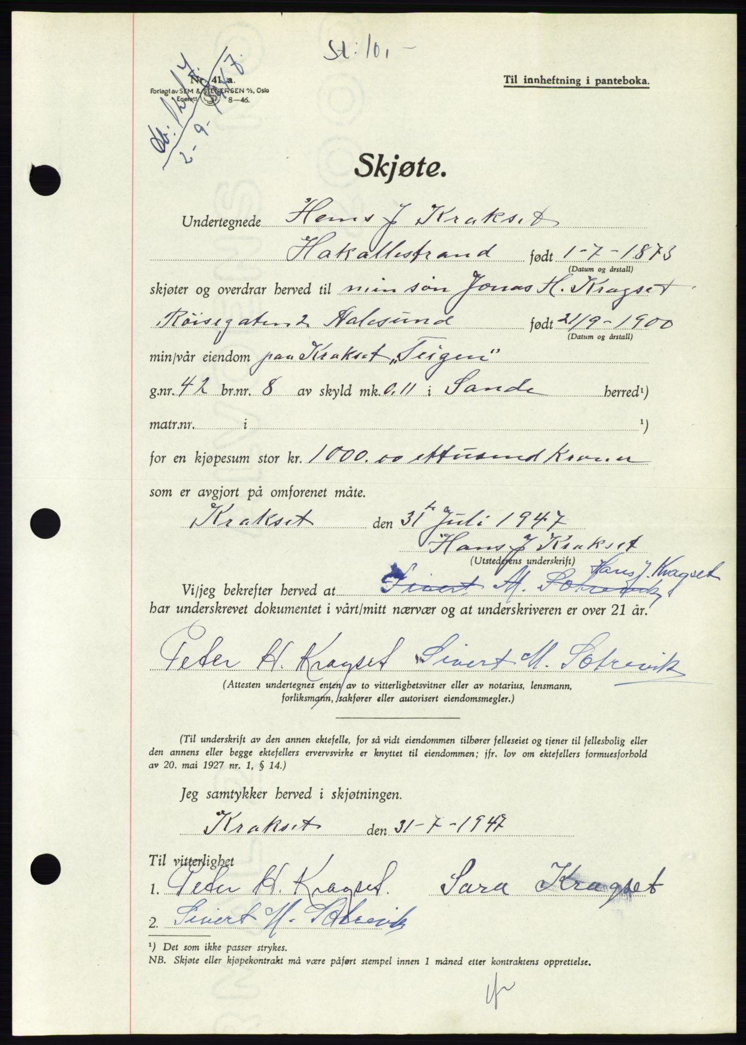 Søre Sunnmøre sorenskriveri, AV/SAT-A-4122/1/2/2C/L0081: Pantebok nr. 7A, 1947-1948, Dagboknr: 1217/1947