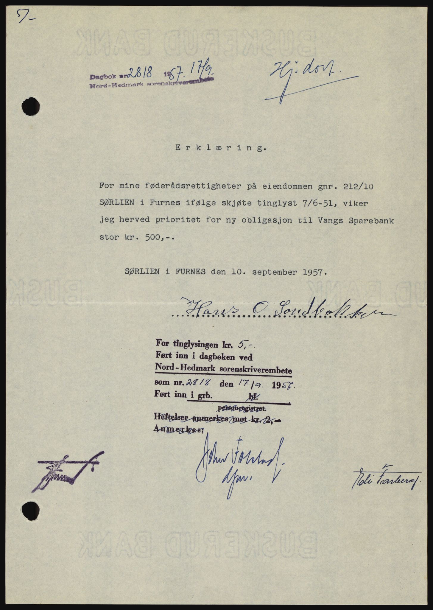 Nord-Hedmark sorenskriveri, SAH/TING-012/H/Hc/L0011: Pantebok nr. 11, 1956-1957, Dagboknr: 2818/1957