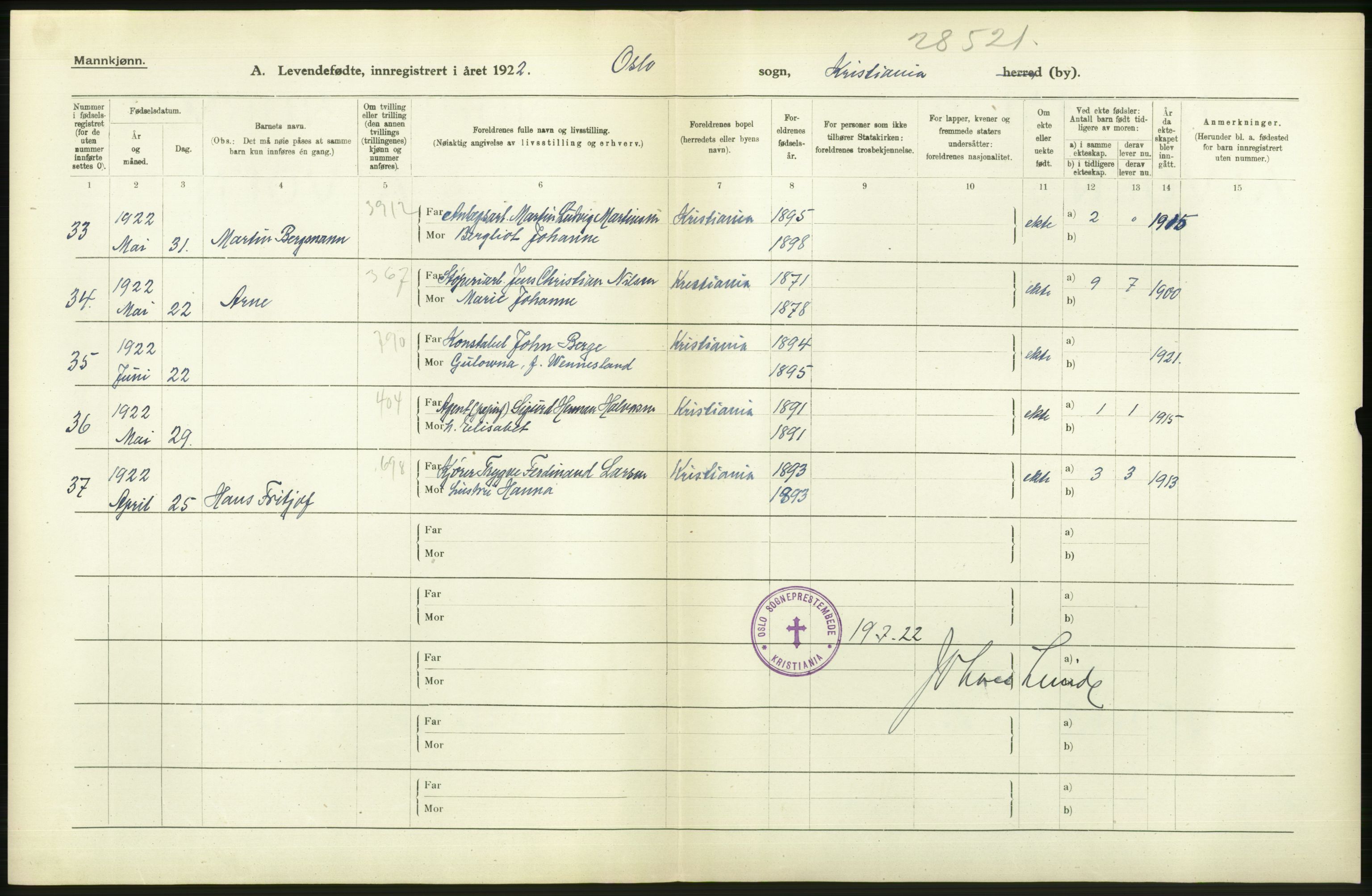 Statistisk sentralbyrå, Sosiodemografiske emner, Befolkning, AV/RA-S-2228/D/Df/Dfc/Dfcb/L0007: Kristiania: Levendefødte menn og kvinner., 1922, s. 12