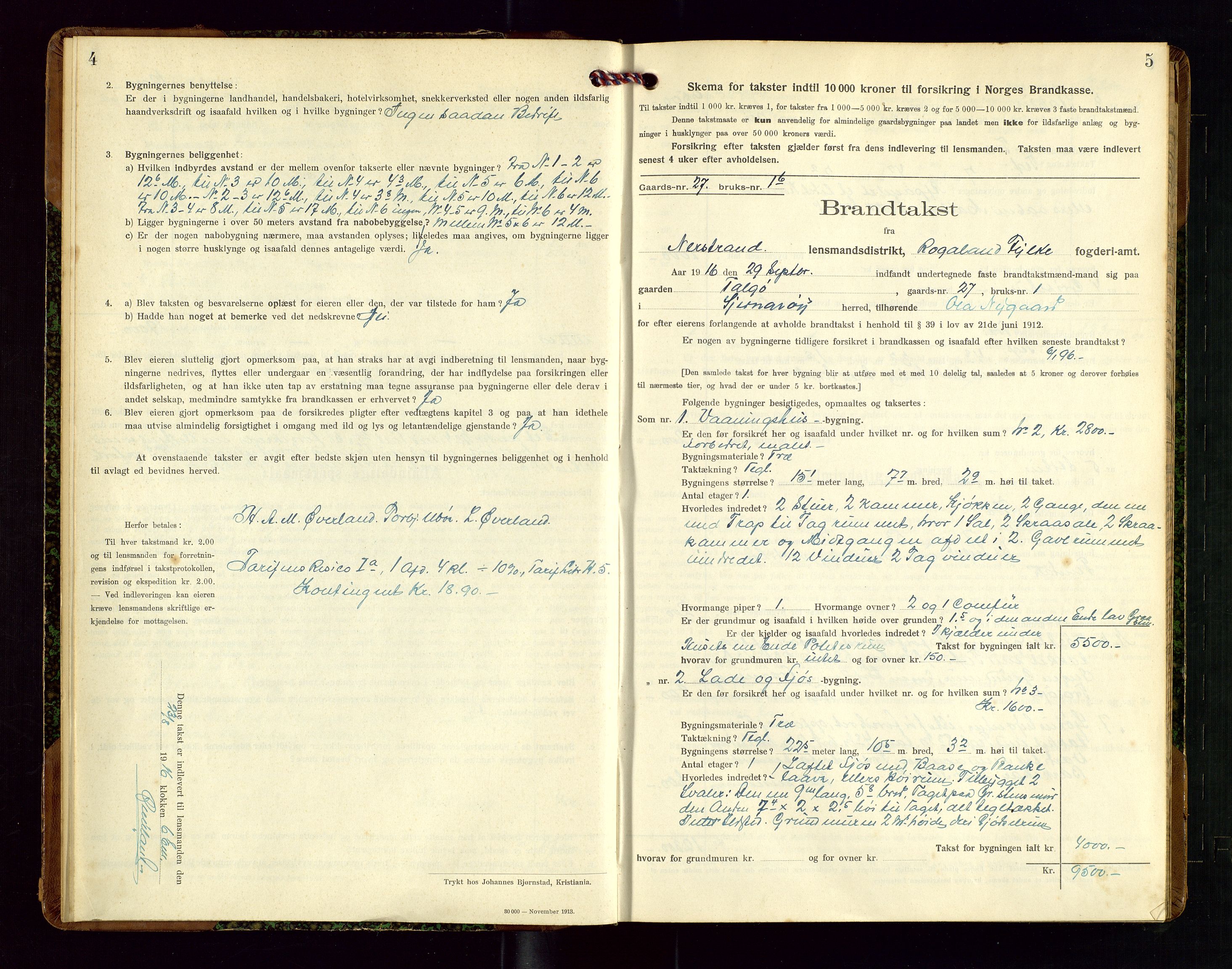 Nedstrand lensmannskontor, SAST/A-100236/Gob/L0002: "Brandtakstprotokol for Nerstrand lensmandsdistrikt Rogaland Fylke", 1916-1949, s. 4-5