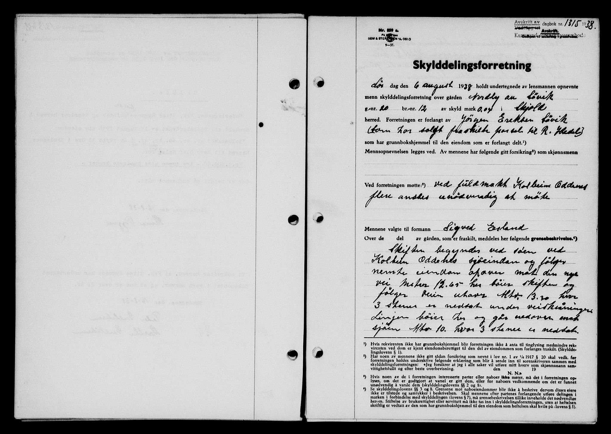 Karmsund sorenskriveri, SAST/A-100311/01/II/IIB/L0070: Pantebok nr. 51A, 1938-1939, Dagboknr: 1315/1938