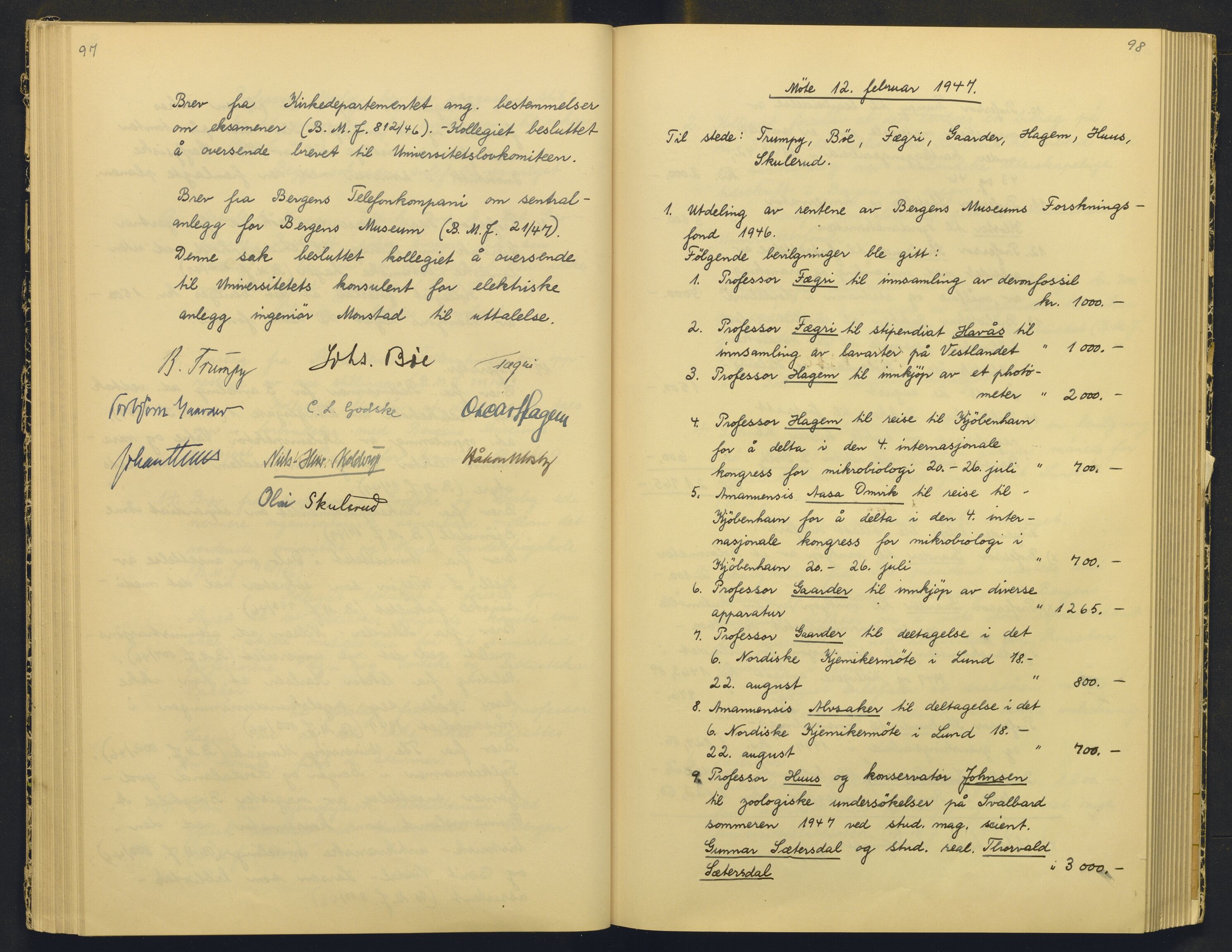 Bergens Museum, AV/SAB-A-17301/18/A/L0004: Professorkollegiets møtebok med register , 1945-1949, s. 97-98