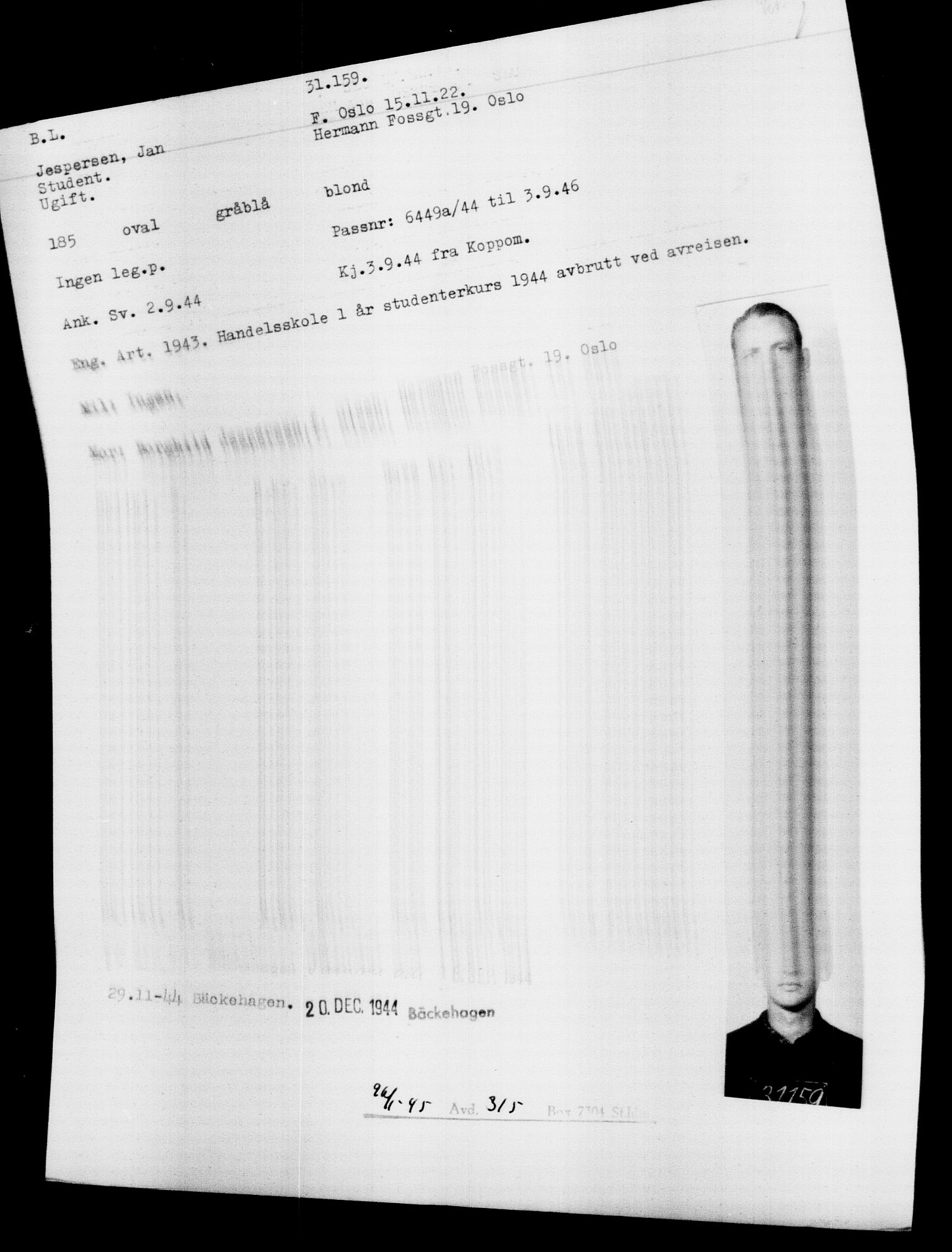 Utenriksstasjonene, Legasjonen i Stockholm, Flyktningkontoret, AV/RA-S-6753/V/Va/L0012: Kjesäterkartoteket, flyktninger med registreringsnr. 28300-31566, 1940-1945, s. 3097
