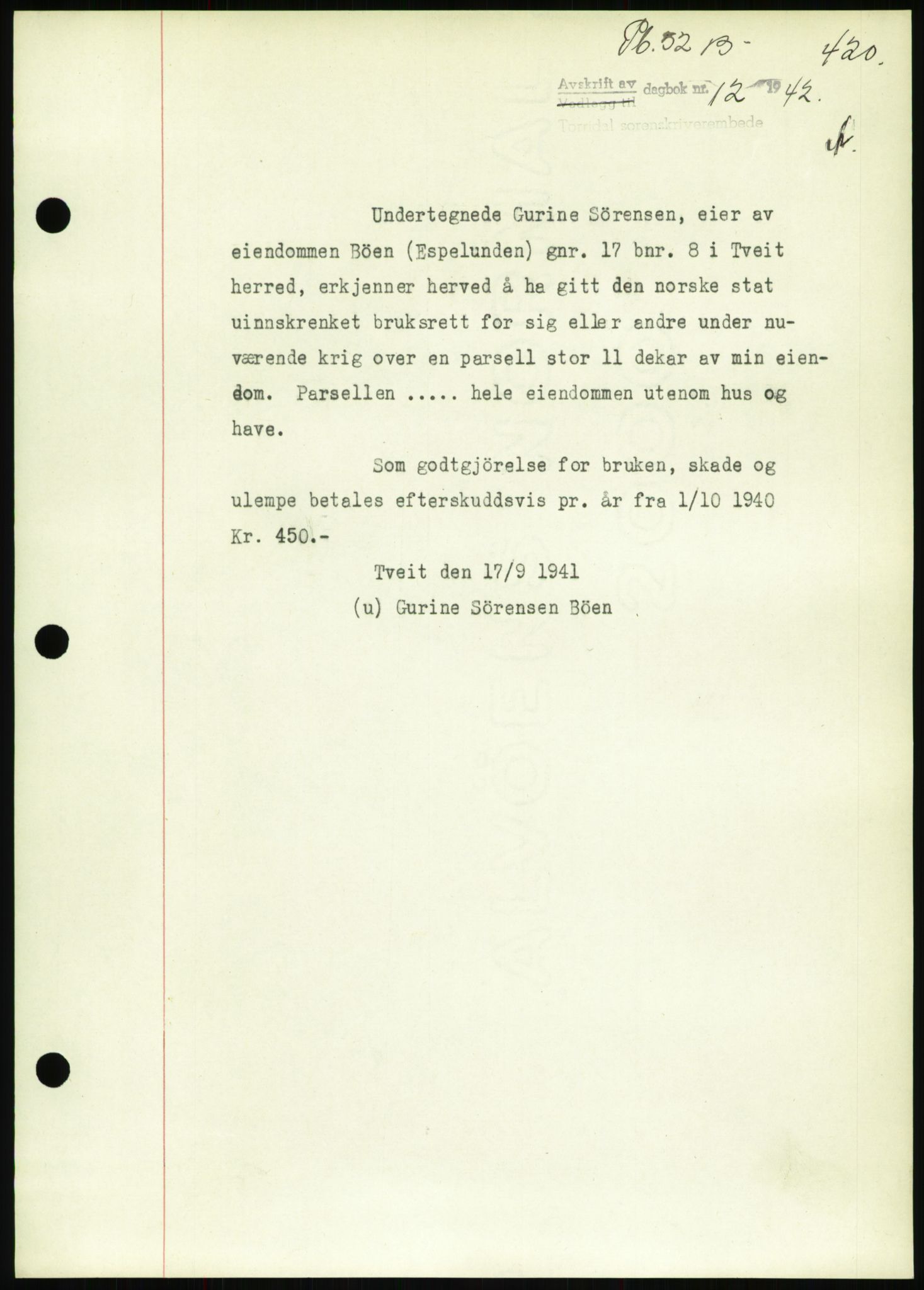 Torridal sorenskriveri, SAK/1221-0012/G/Gb/Gbb/L0008: Pantebok nr. 52b, 1940-1942, Dagboknr: 12/1942
