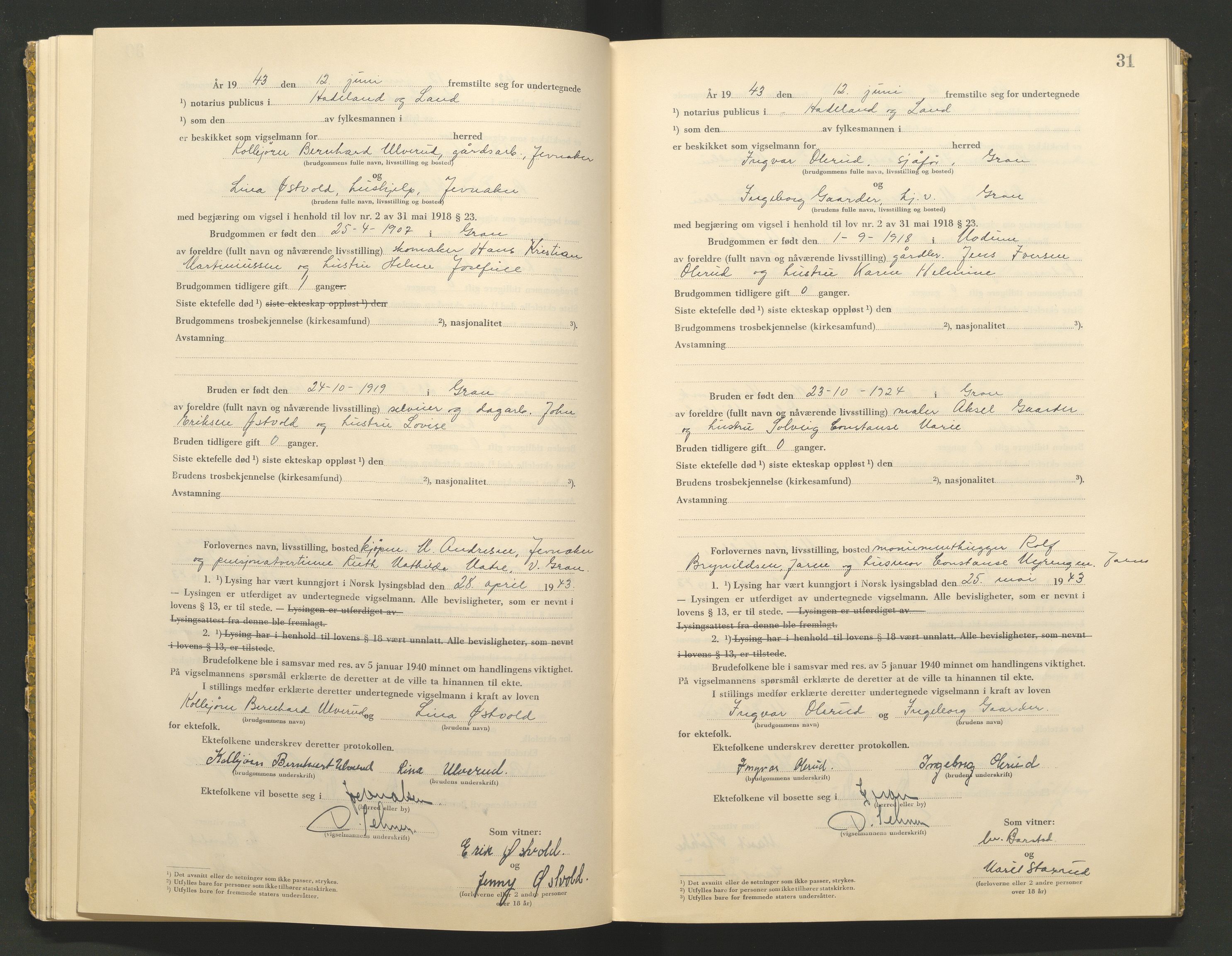 Hadeland og Land tingrett, AV/SAH-TING-010/L/Lb/L0002: Vigselbok, 1943-1944, s. 31