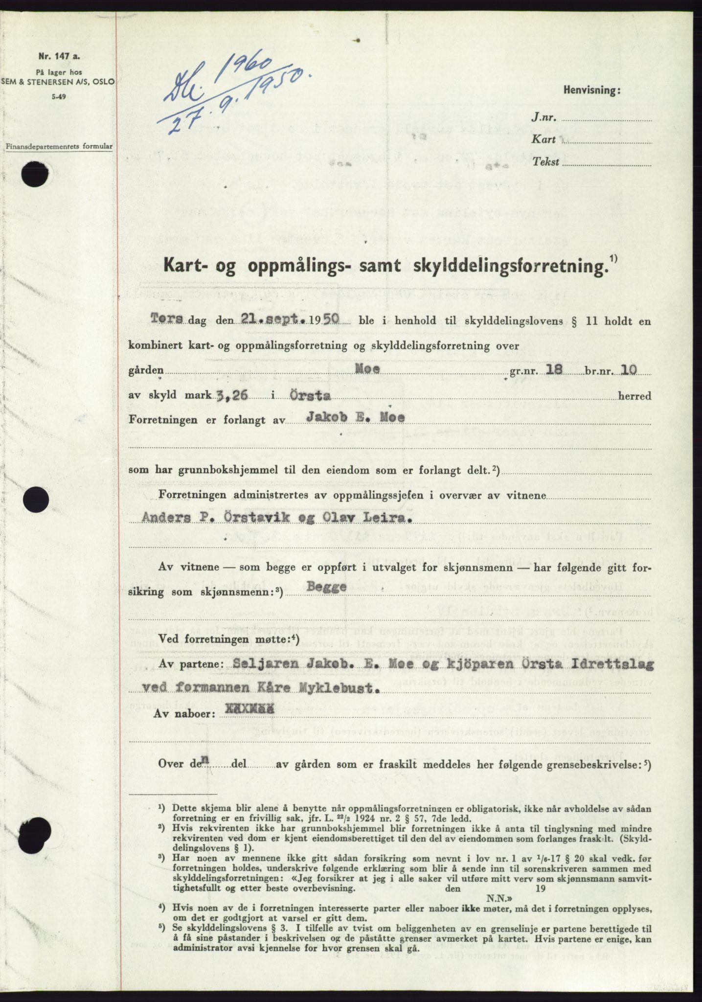 Søre Sunnmøre sorenskriveri, AV/SAT-A-4122/1/2/2C/L0087: Pantebok nr. 13A, 1950-1950, Dagboknr: 1960/1950