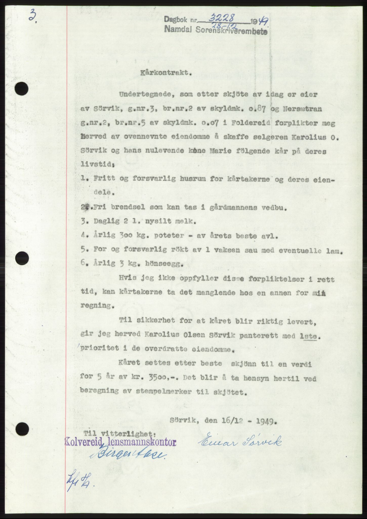 Namdal sorenskriveri, SAT/A-4133/1/2/2C: Pantebok nr. -, 1949-1949, Dagboknr: 3228/1949
