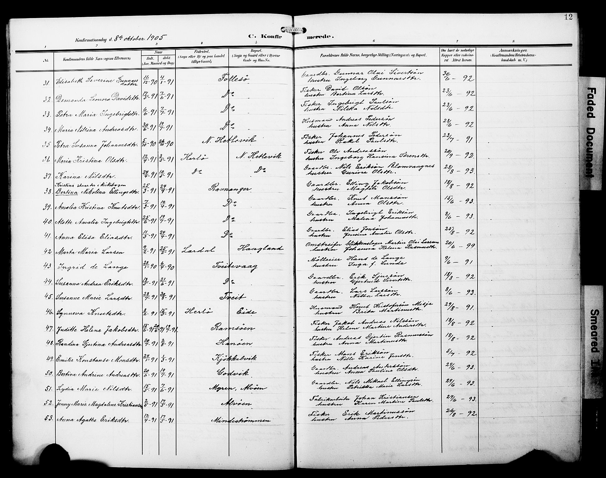 Askøy Sokneprestembete, AV/SAB-A-74101/H/Ha/Hab/Haba/L0014: Klokkerbok nr. A 14, 1904-1927, s. 12