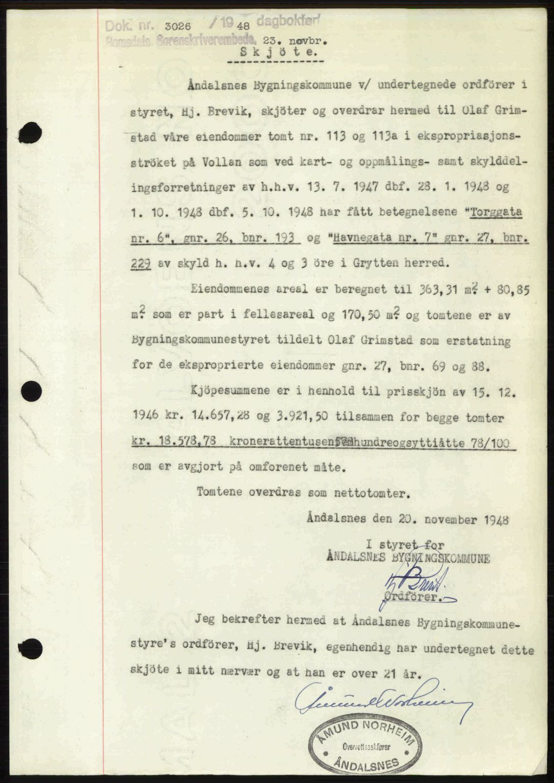 Romsdal sorenskriveri, SAT/A-4149/1/2/2C: Pantebok nr. A27, 1948-1948, Dagboknr: 3026/1948
