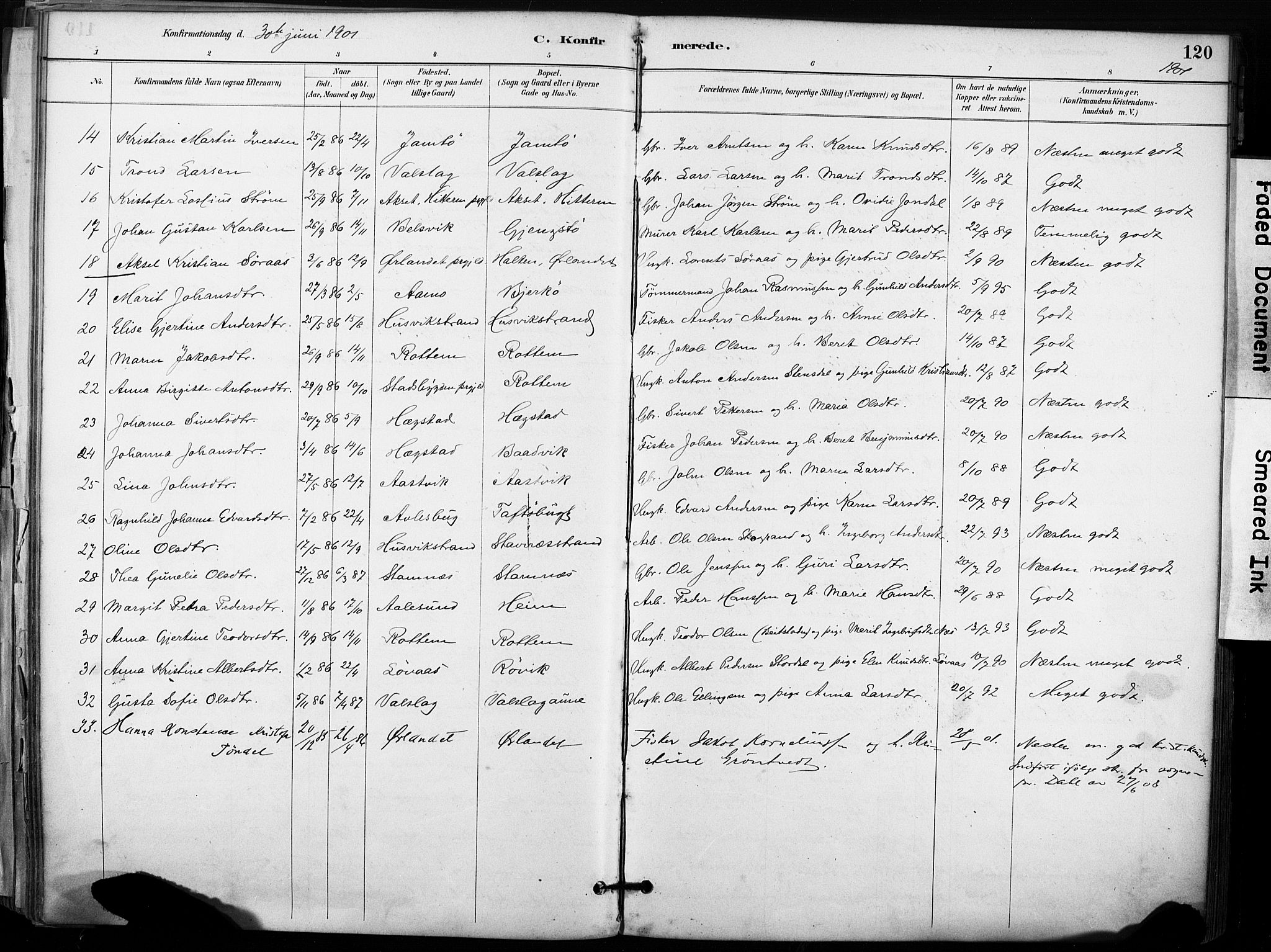 Ministerialprotokoller, klokkerbøker og fødselsregistre - Sør-Trøndelag, AV/SAT-A-1456/633/L0518: Ministerialbok nr. 633A01, 1884-1906, s. 120