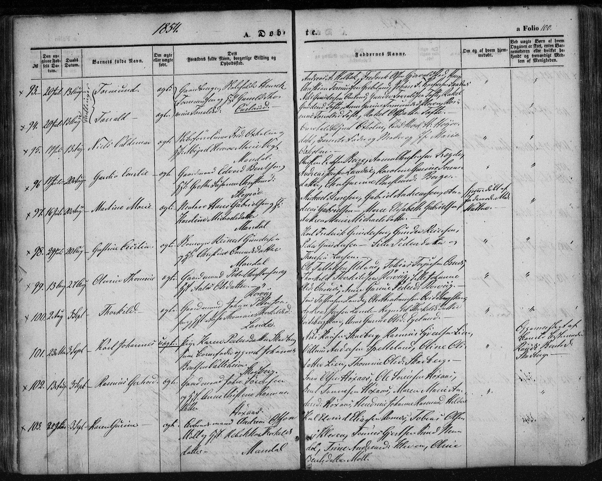 Mandal sokneprestkontor, AV/SAK-1111-0030/F/Fa/Faa/L0013: Ministerialbok nr. A 13, 1847-1859, s. 100