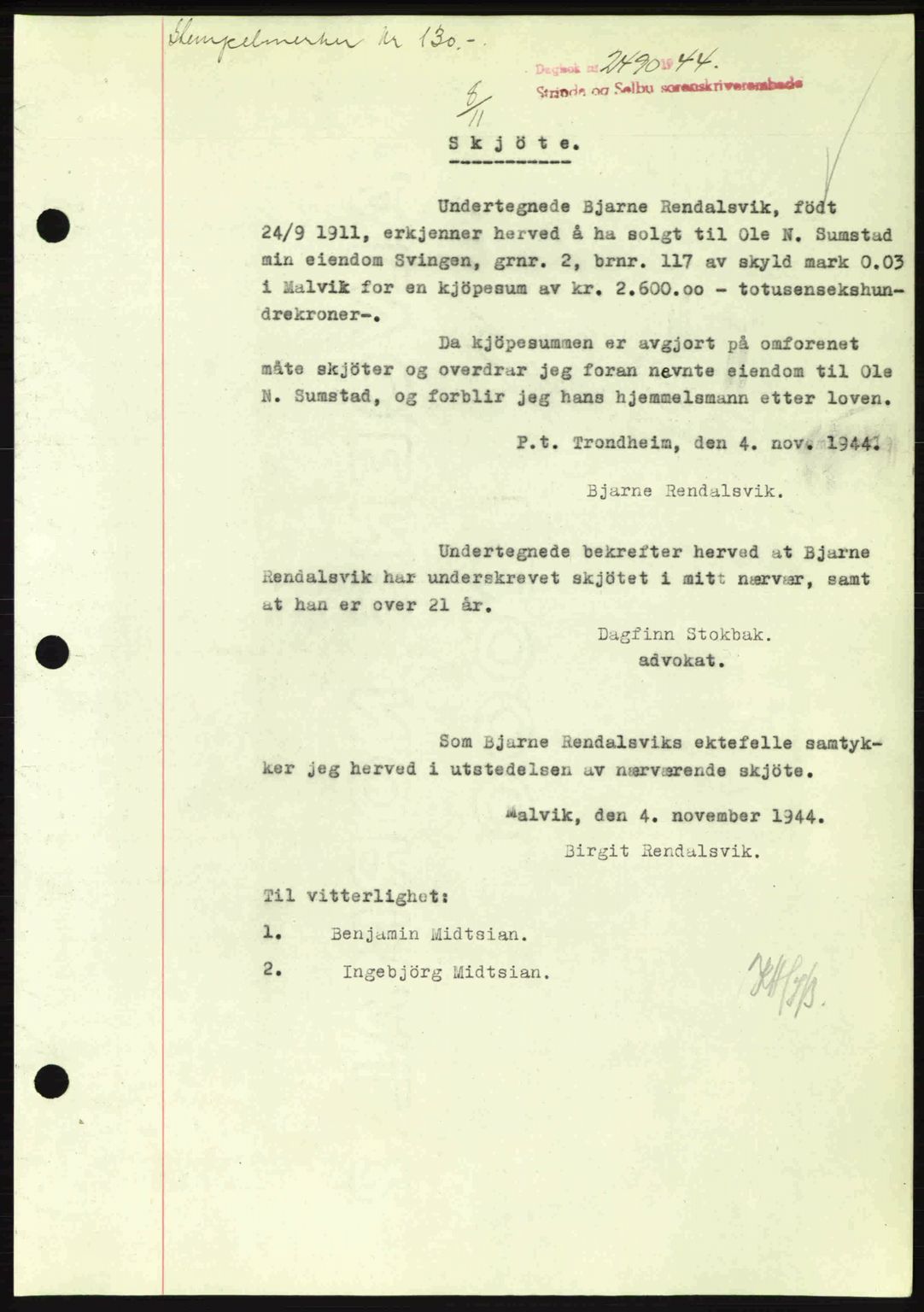 Strinda og Selbu sorenskriveri, SAT/A-0015/2/2C: Pantebok nr. A9, 1944-1945, Dagboknr: 2490/1944