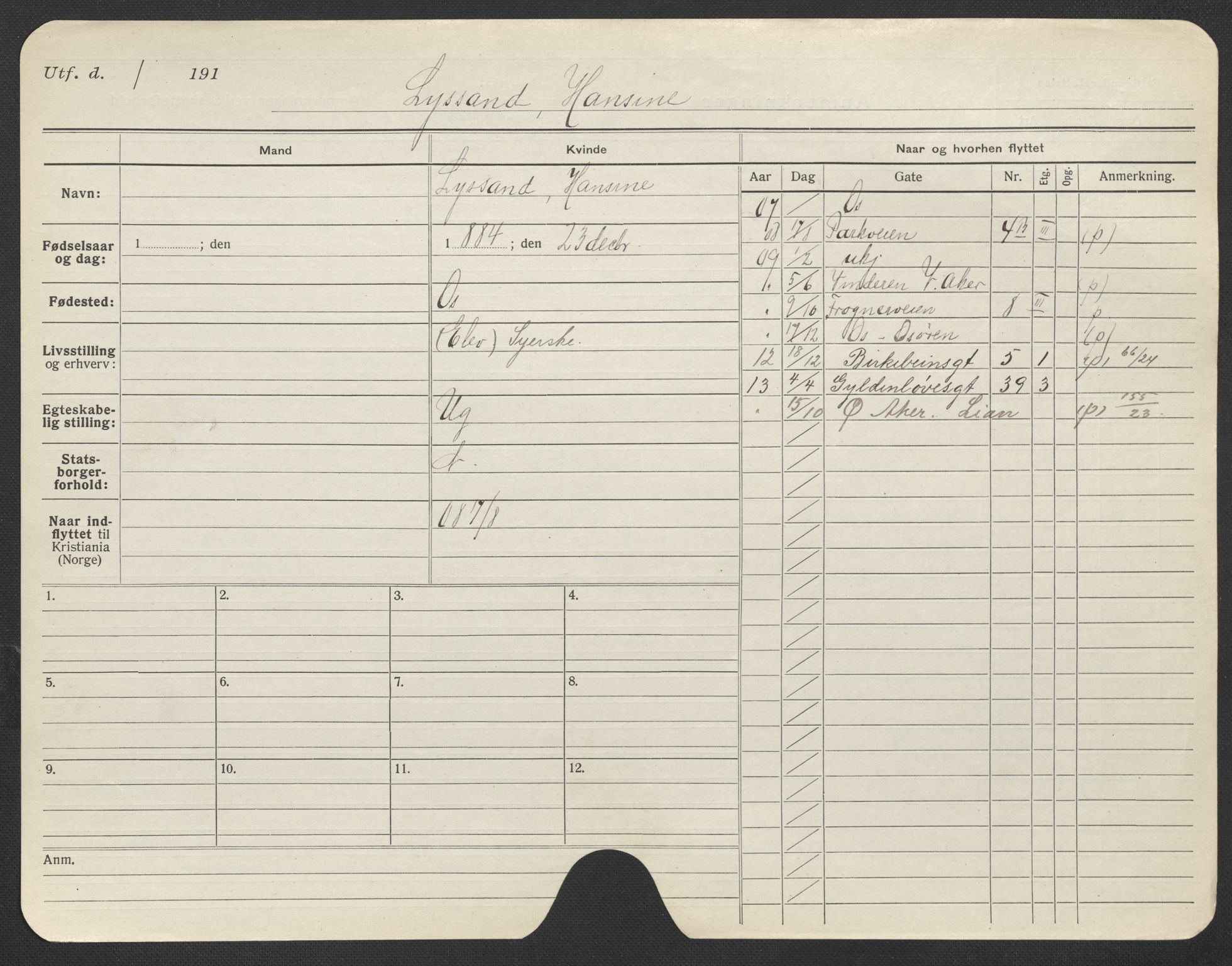 Oslo folkeregister, Registerkort, SAO/A-11715/F/Fa/Fac/L0020: Kvinner, 1906-1914, s. 376a