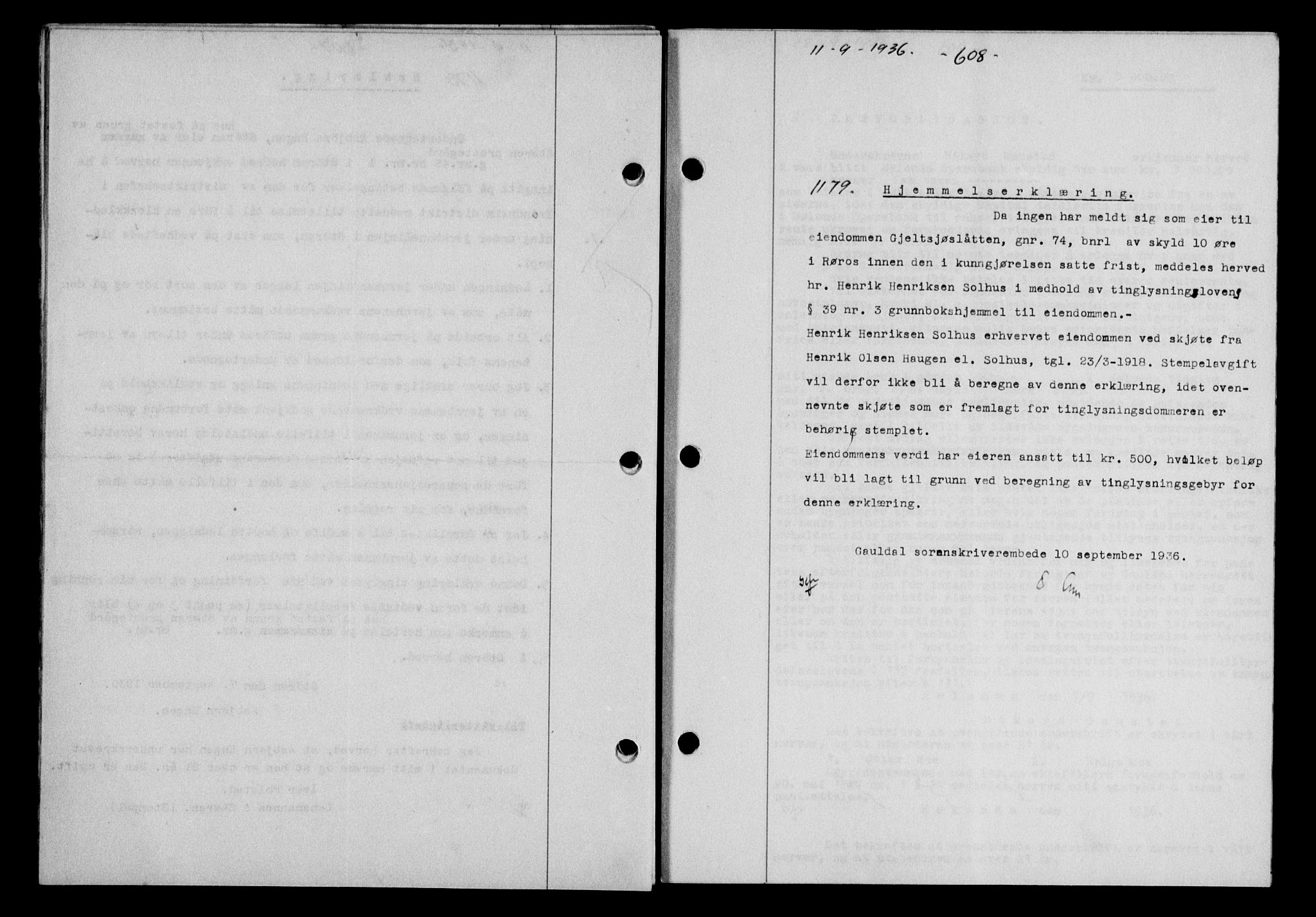 Gauldal sorenskriveri, SAT/A-0014/1/2/2C/L0046: Pantebok nr. 49-50, 1936-1937, Dagboknr: 1179/1936