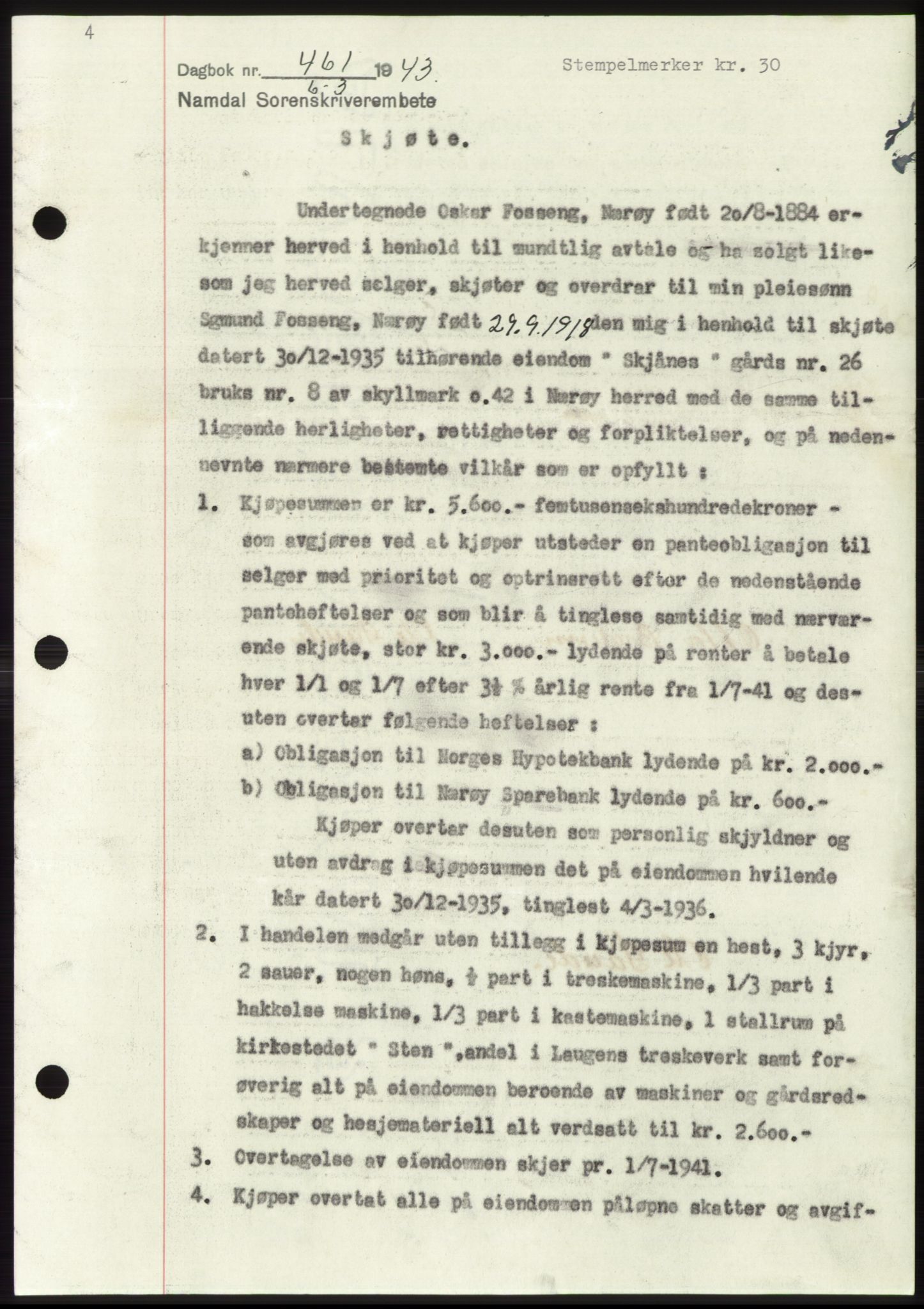 Namdal sorenskriveri, SAT/A-4133/1/2/2C: Pantebok nr. -, 1942-1943, Dagboknr: 461/1943