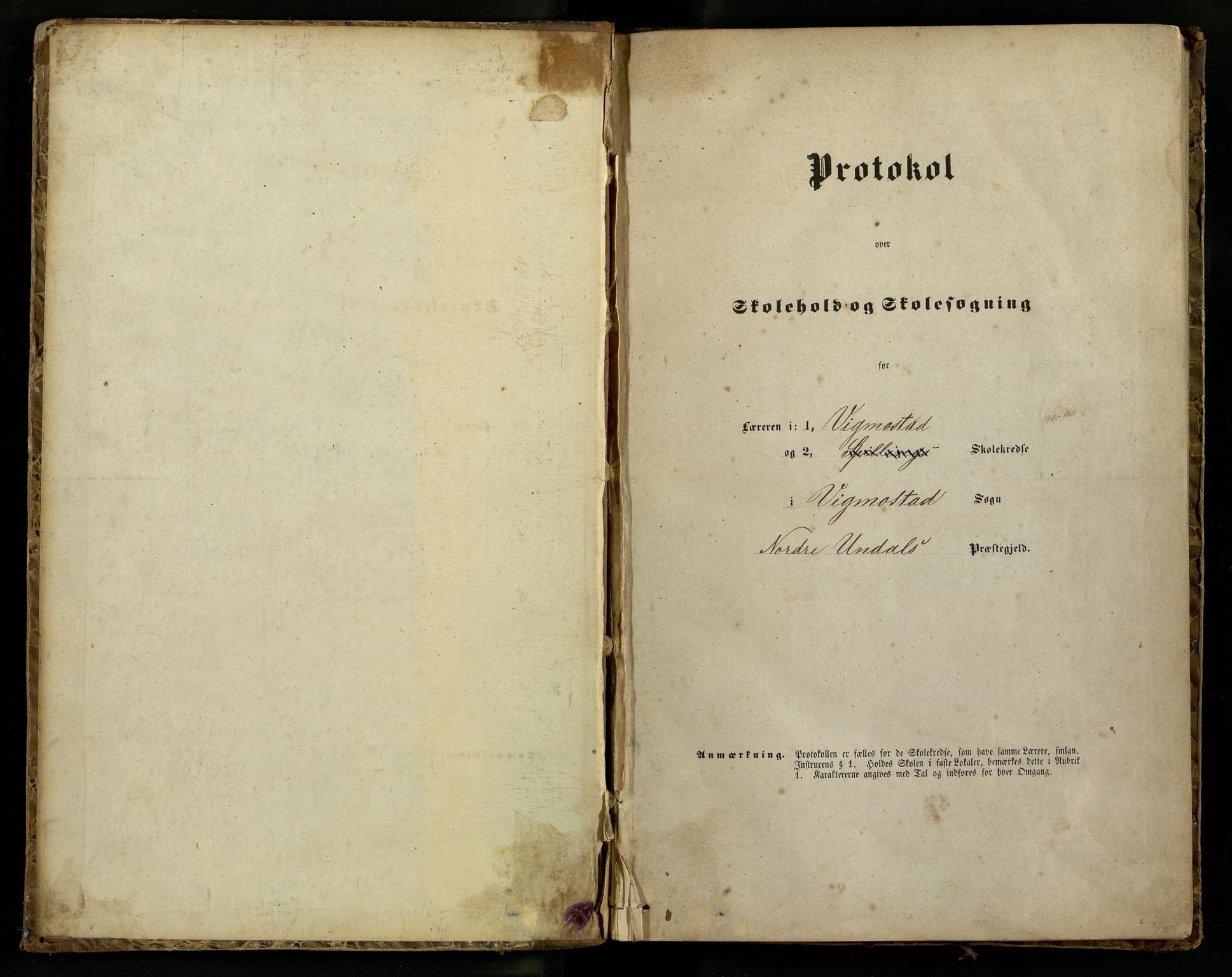 Nord-Audnedal kommune - Vigmostad Skole, ARKSOR/1027NA551/H/L0001: Skoleprotokoll, 1863-1882