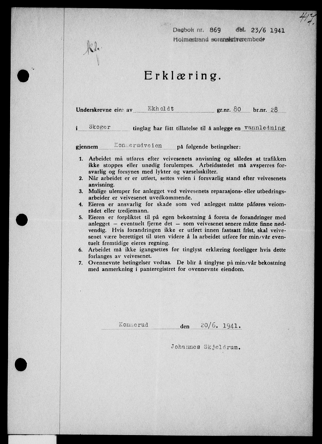 Holmestrand sorenskriveri, SAKO/A-67/G/Ga/Gaa/L0053: Pantebok nr. A-53, 1941-1941, Dagboknr: 869/1941