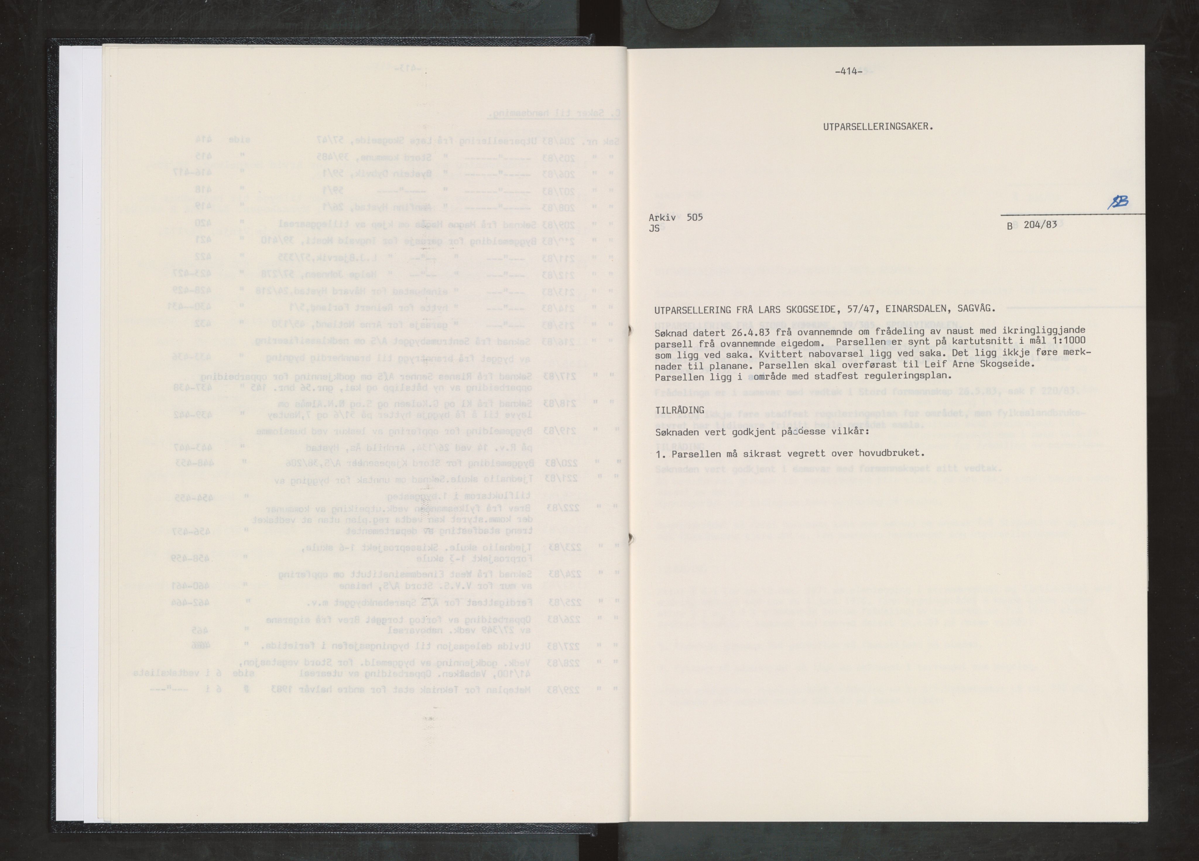 Stord kommune. Bygningsrådet, IKAH/1221-511/A/Aa/L0042: Møtebok for Stord bygningsråd, 1983