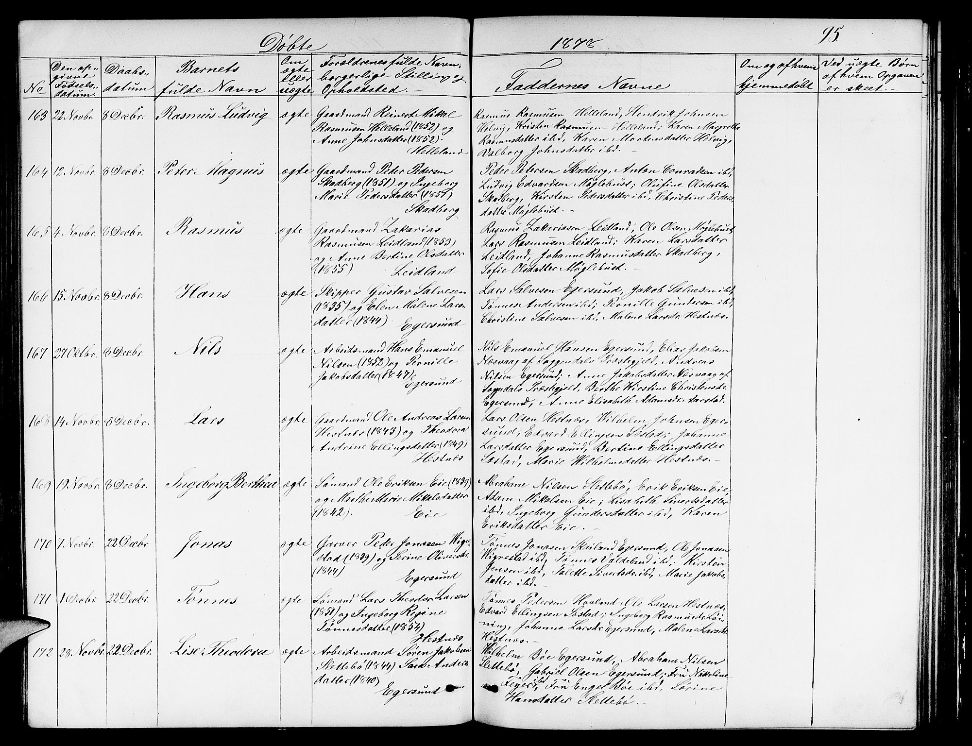 Eigersund sokneprestkontor, AV/SAST-A-101807/S09/L0005: Klokkerbok nr. B 5, 1872-1881, s. 95