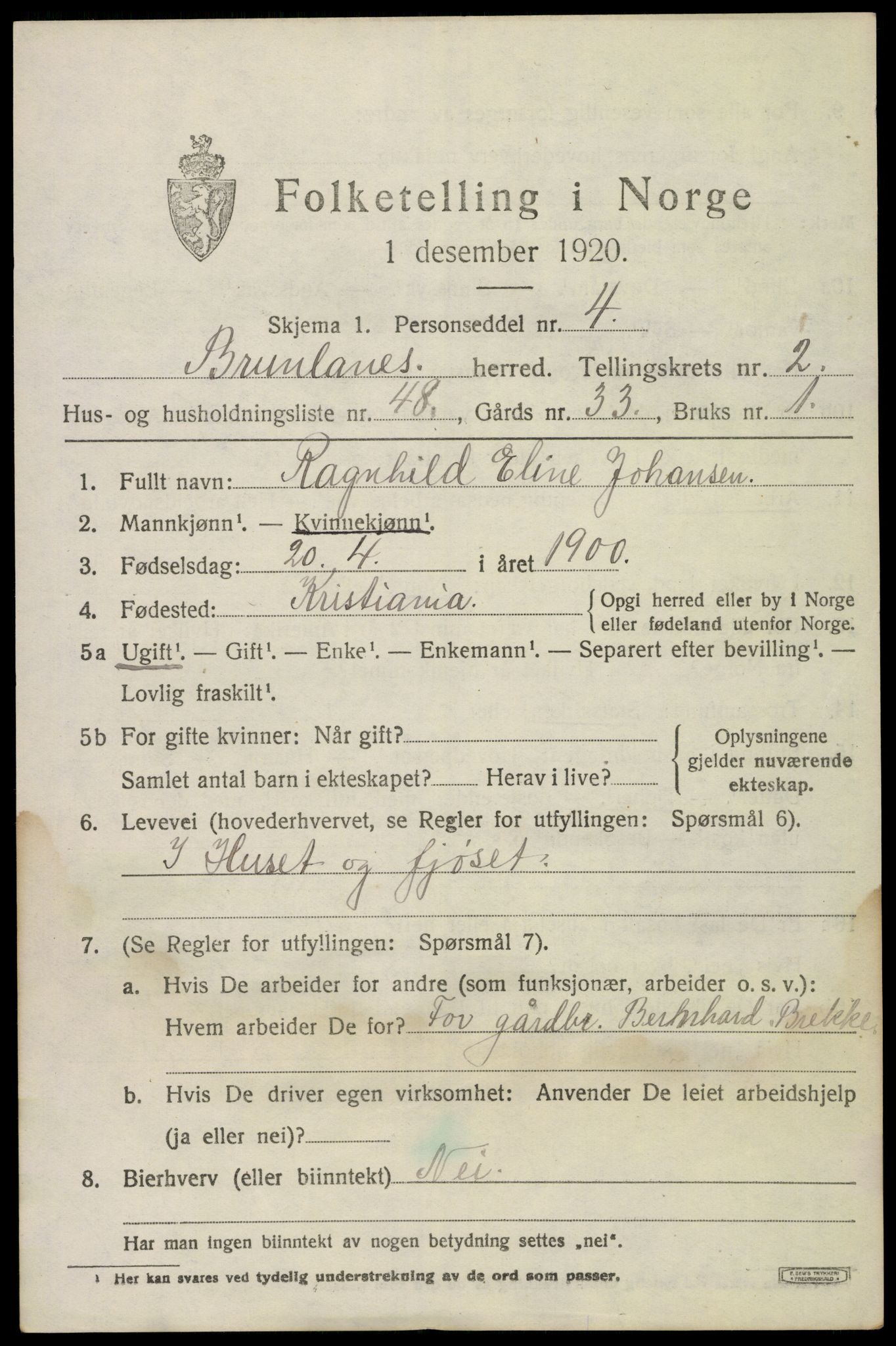 SAKO, Folketelling 1920 for 0726 Brunlanes herred, 1920, s. 3807