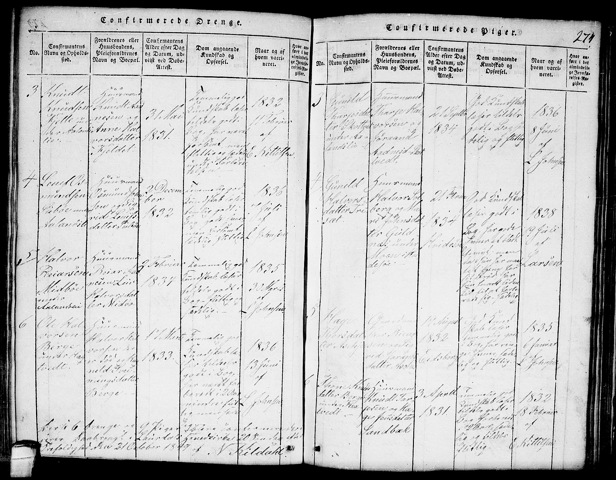 Lårdal kirkebøker, SAKO/A-284/G/Ga/L0001: Klokkerbok nr. I 1, 1815-1861, s. 274