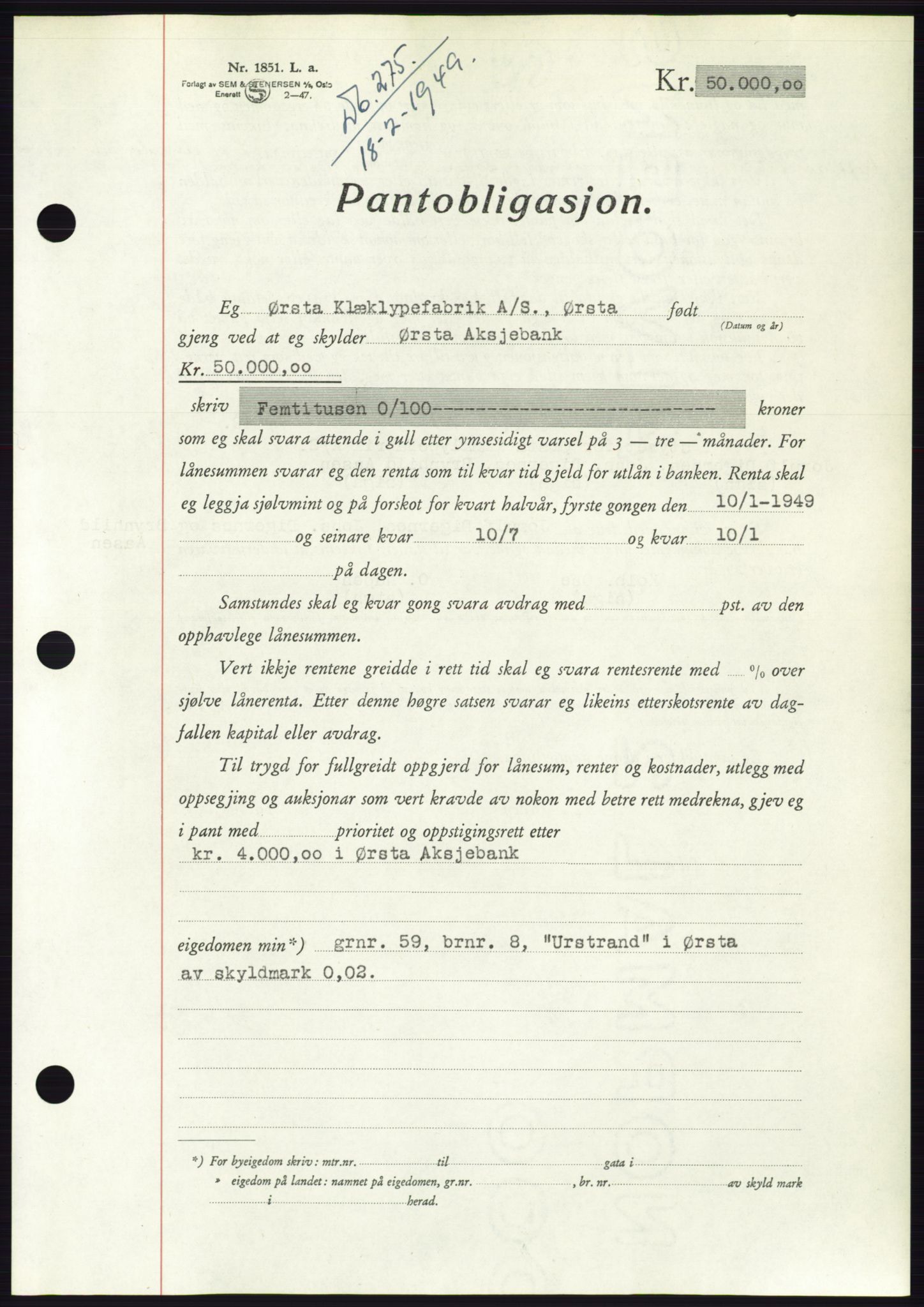 Søre Sunnmøre sorenskriveri, AV/SAT-A-4122/1/2/2C/L0116: Pantebok nr. 4B, 1948-1949, Dagboknr: 275/1949