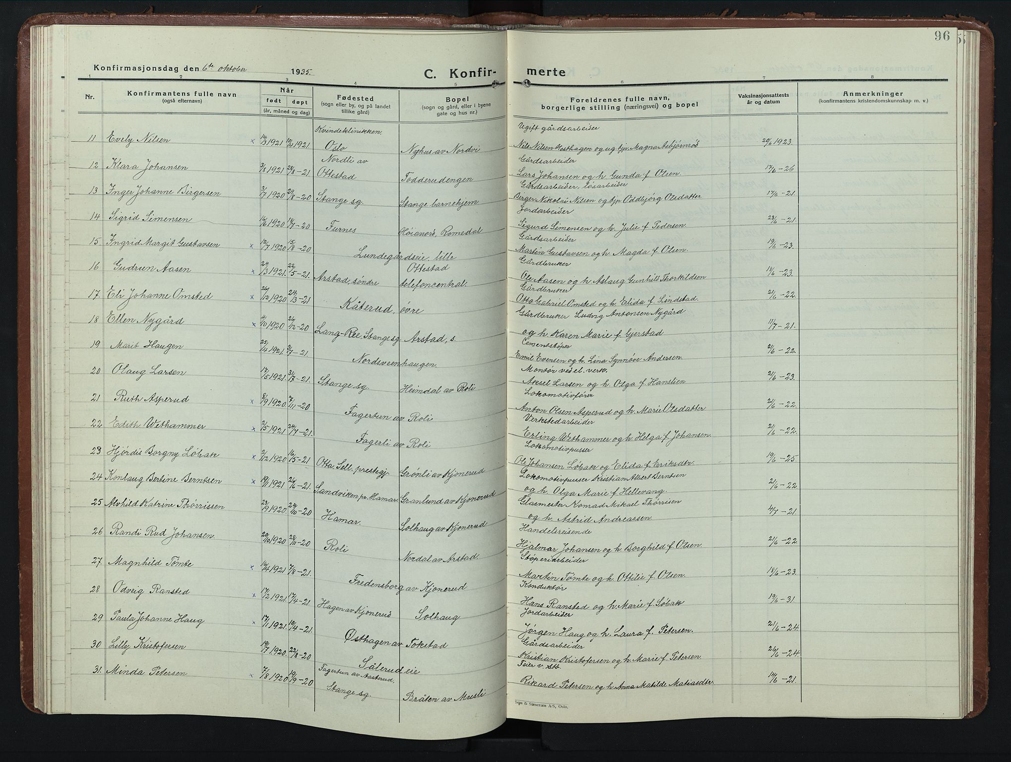 Stange prestekontor, AV/SAH-PREST-002/L/L0019: Klokkerbok nr. 19, 1929-1947, s. 96