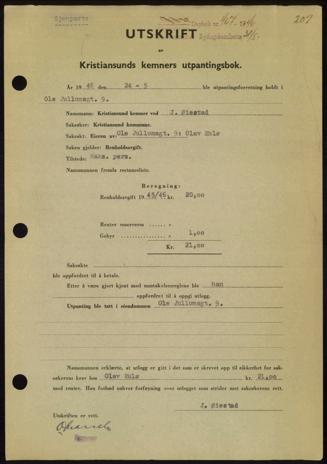 Kristiansund byfogd, SAT/A-4587/A/27: Pantebok nr. 40, 1946-1946, Dagboknr: 467/1946