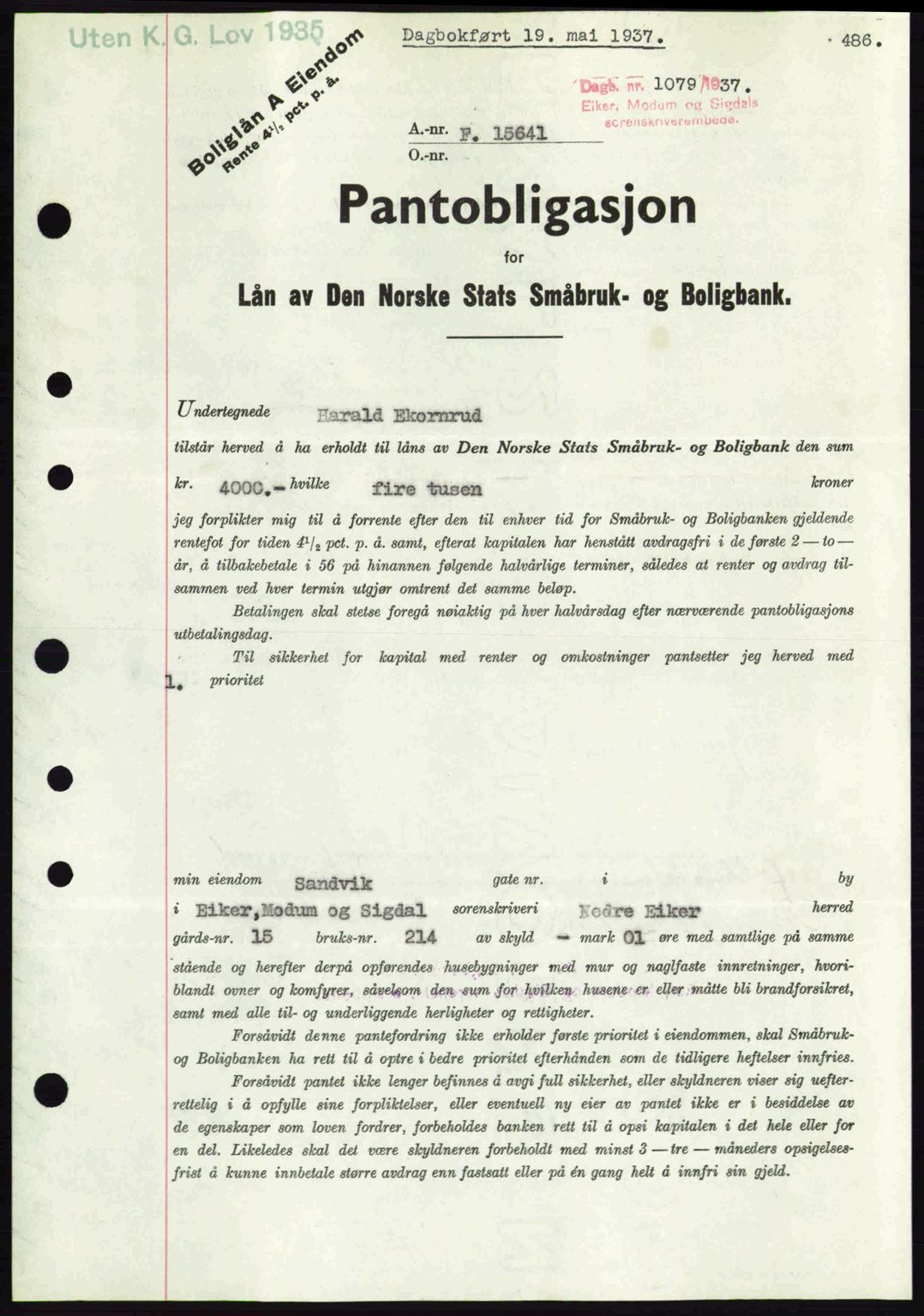 Eiker, Modum og Sigdal sorenskriveri, SAKO/A-123/G/Ga/Gab/L0035: Pantebok nr. A5, 1937-1937, Dagboknr: 1079/1937