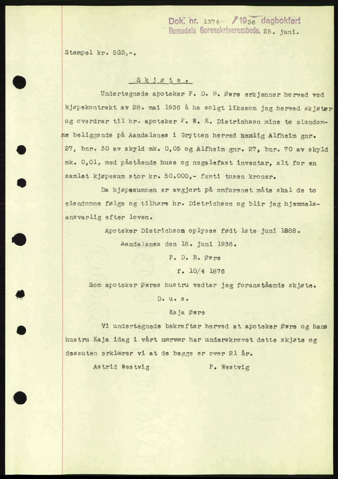 Romsdal sorenskriveri, SAT/A-4149/1/2/2C: Pantebok nr. A1, 1936-1936, Dagboknr: 1374/1936