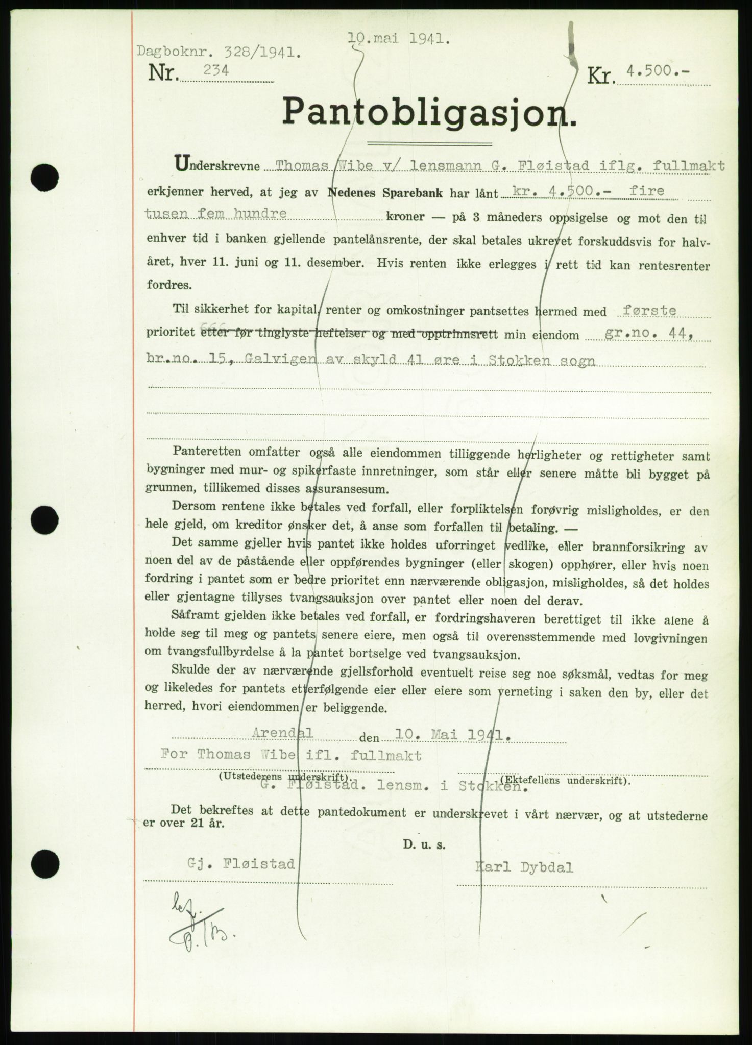 Nedenes sorenskriveri, SAK/1221-0006/G/Gb/Gbb/L0001: Pantebok nr. I, 1939-1942, Dagboknr: 328/1941