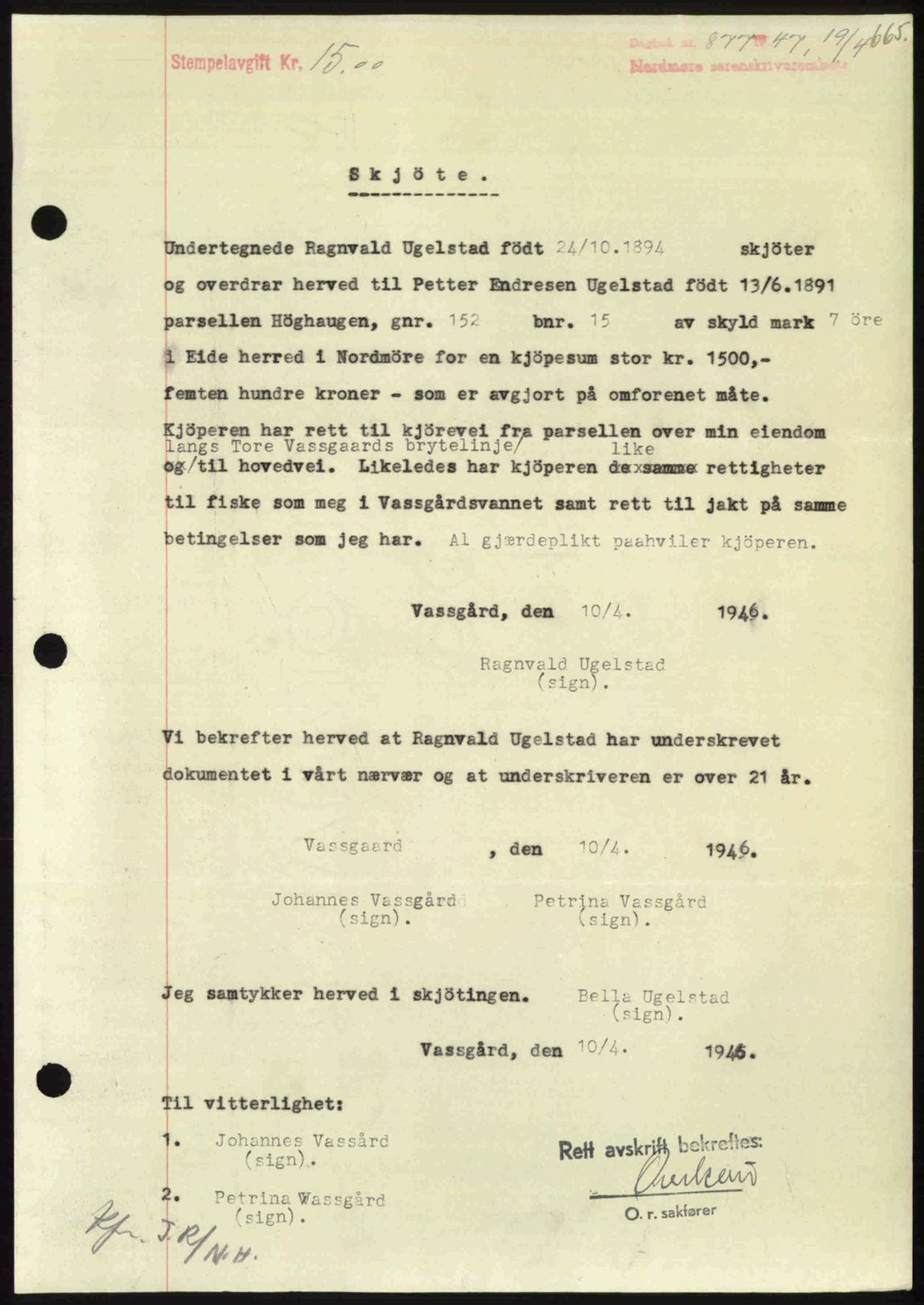 Nordmøre sorenskriveri, SAT/A-4132/1/2/2Ca: Pantebok nr. A104, 1947-1947, Dagboknr: 877/1947