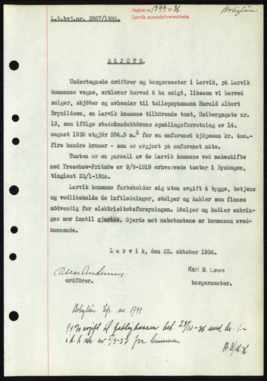 Larvik sorenskriveri, SAKO/A-83/G/Ga/Gab/L0067: Pantebok nr. A-1, 1936-1937, Dagboknr: 1799/1936