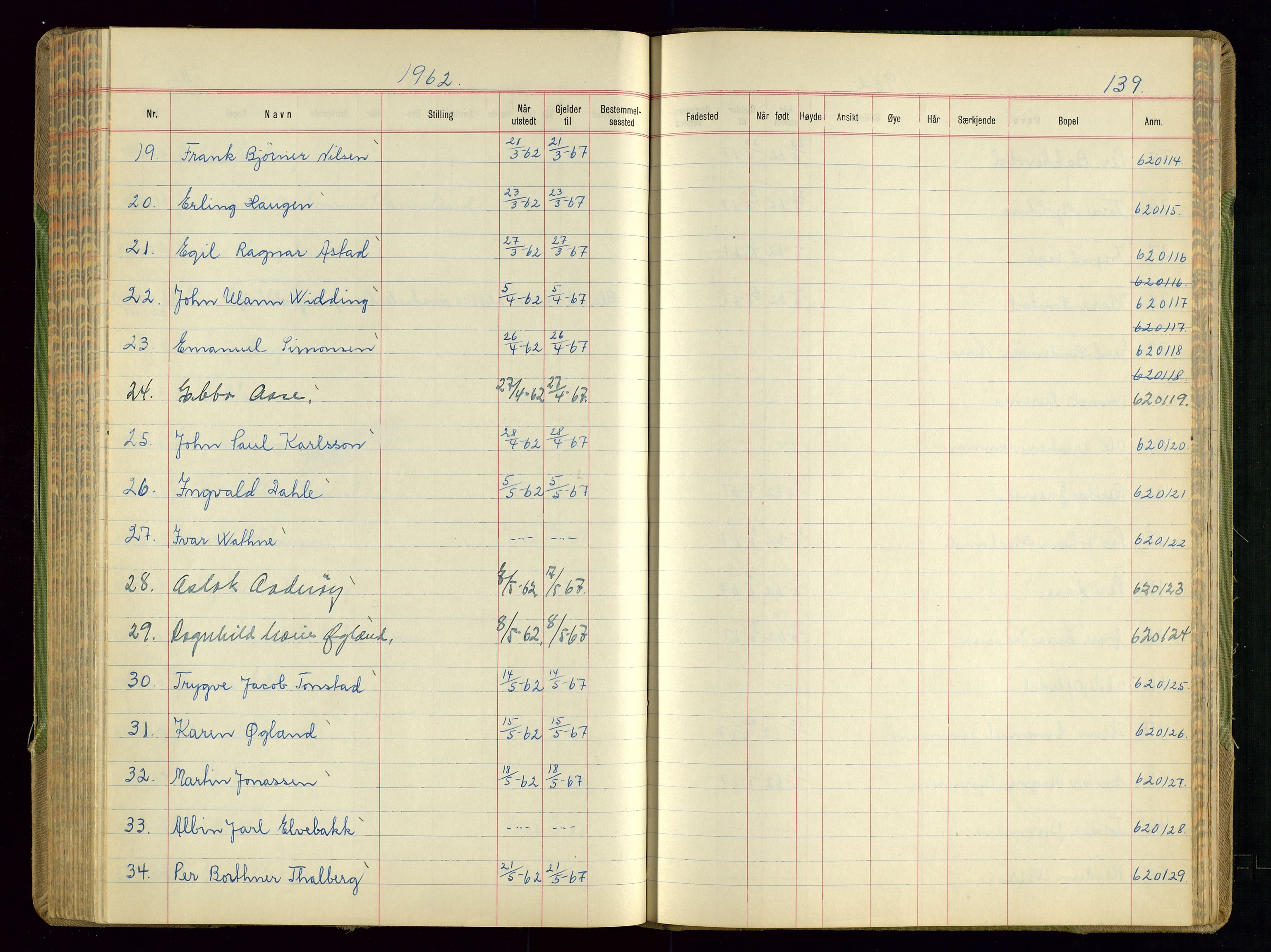 Sandnes politikammer, AV/SAST-A-100446/K/L0008: Passprotokoll, 1951-1962, s. 139