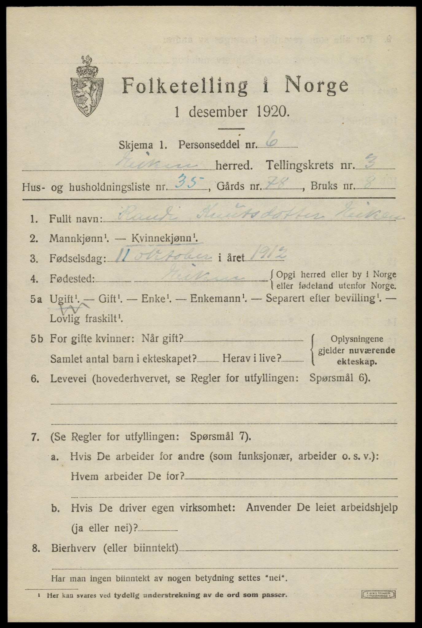 SAK, Folketelling 1920 for 1035 Eiken herred, 1920, s. 1265