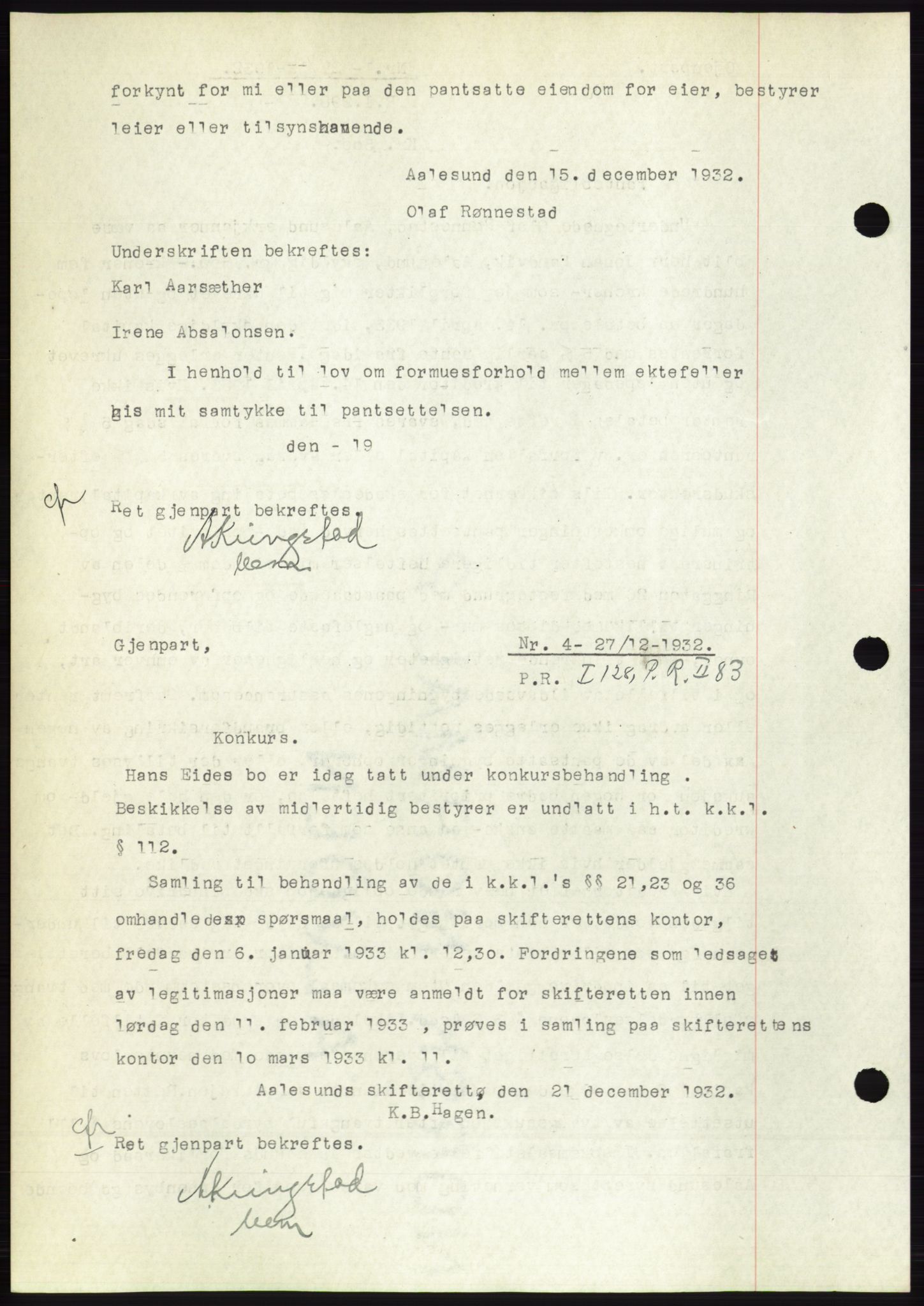 Ålesund byfogd, AV/SAT-A-4384: Pantebok nr. 30, 1932-1933, Tingl.dato: 27.12.1932