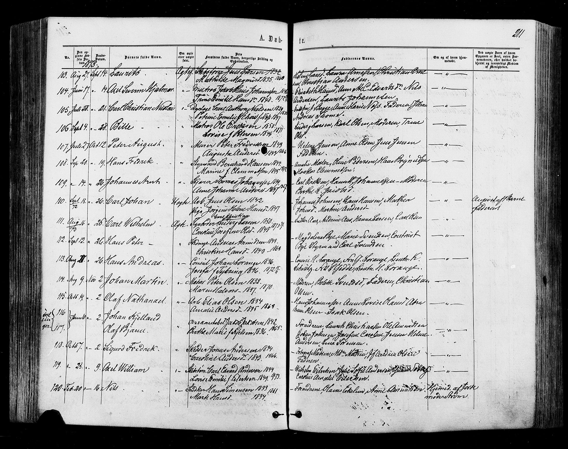 Halden prestekontor Kirkebøker, SAO/A-10909/F/Fa/L0009: Ministerialbok nr. I 9, 1866-1877, s. 211