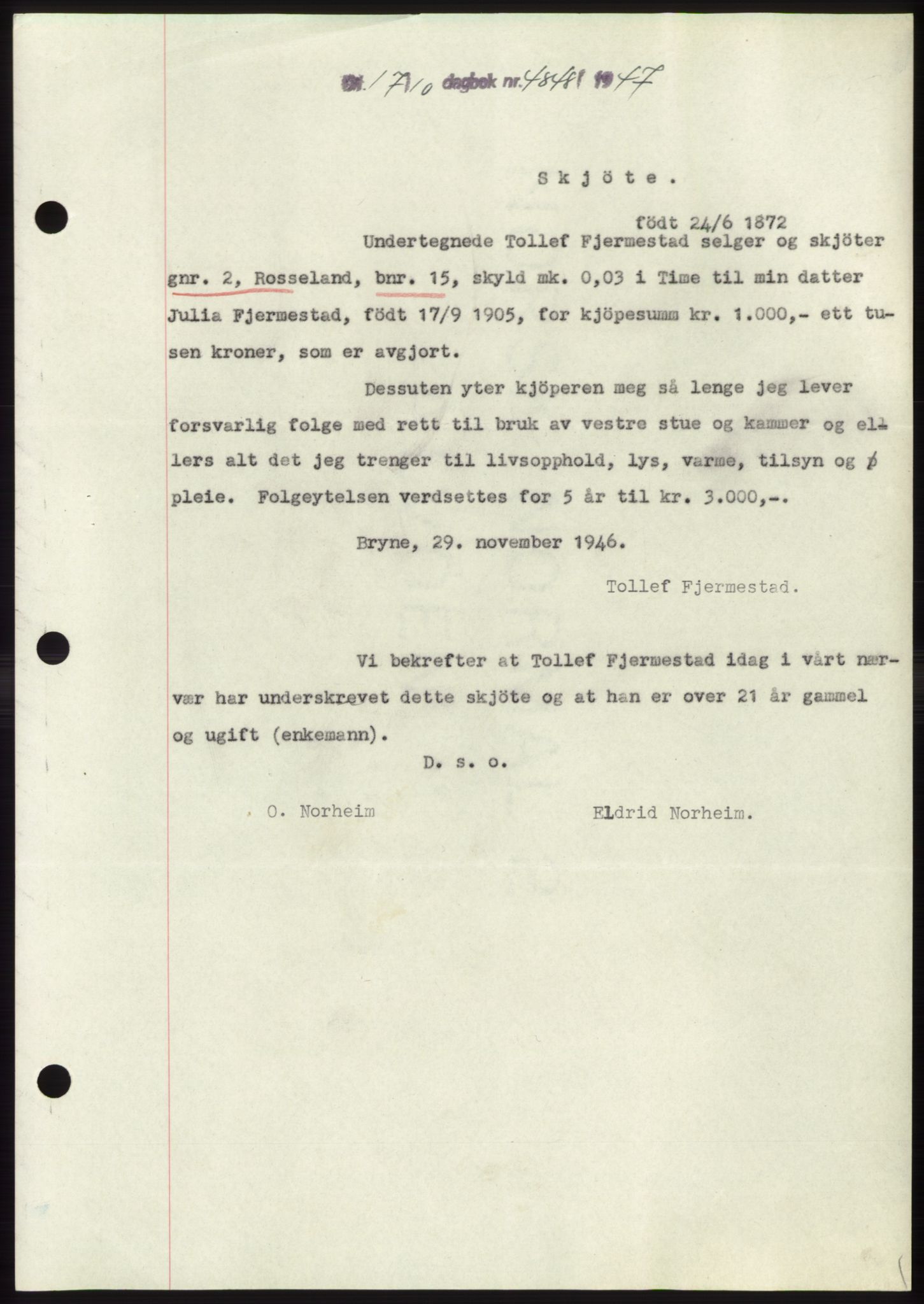 Jæren sorenskriveri, SAST/A-100310/03/G/Gba/L0096: Pantebok, 1947-1947, Dagboknr: 4848/1947