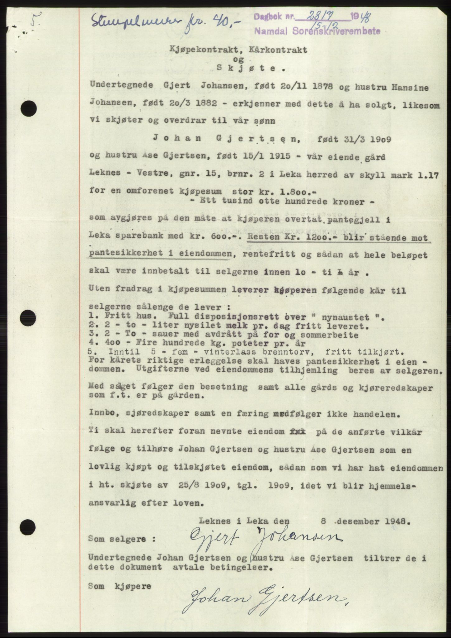 Namdal sorenskriveri, SAT/A-4133/1/2/2C: Pantebok nr. -, 1948-1948, Dagboknr: 2817/1948