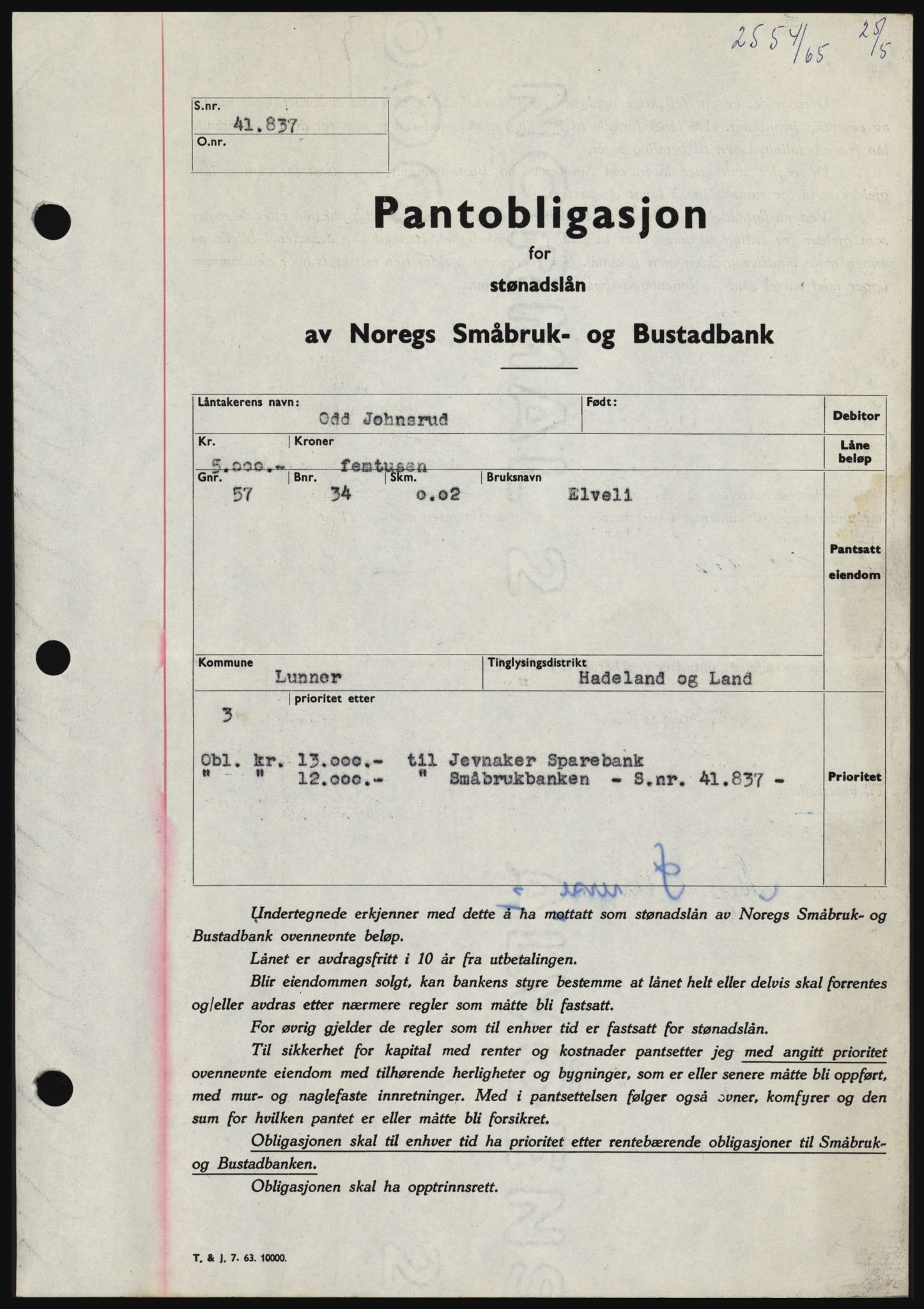 Hadeland og Land tingrett, SAH/TING-010/H/Hb/Hbc/L0059: Pantebok nr. B59, 1965-1965, Dagboknr: 2554/1965